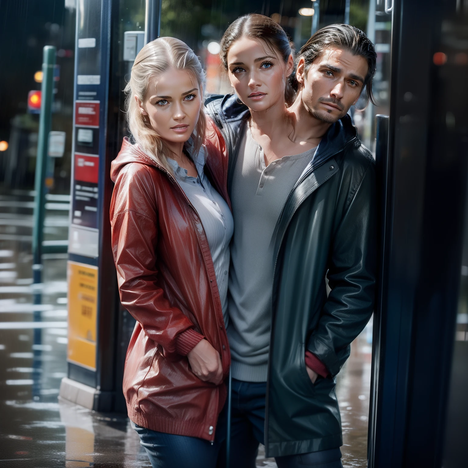 1man standing next to 1woman at a bus stop, (((2heads))), very rainy, wet skin,wet hair,wet clothes, puddles, realistic, beautiful faces, no facial hair