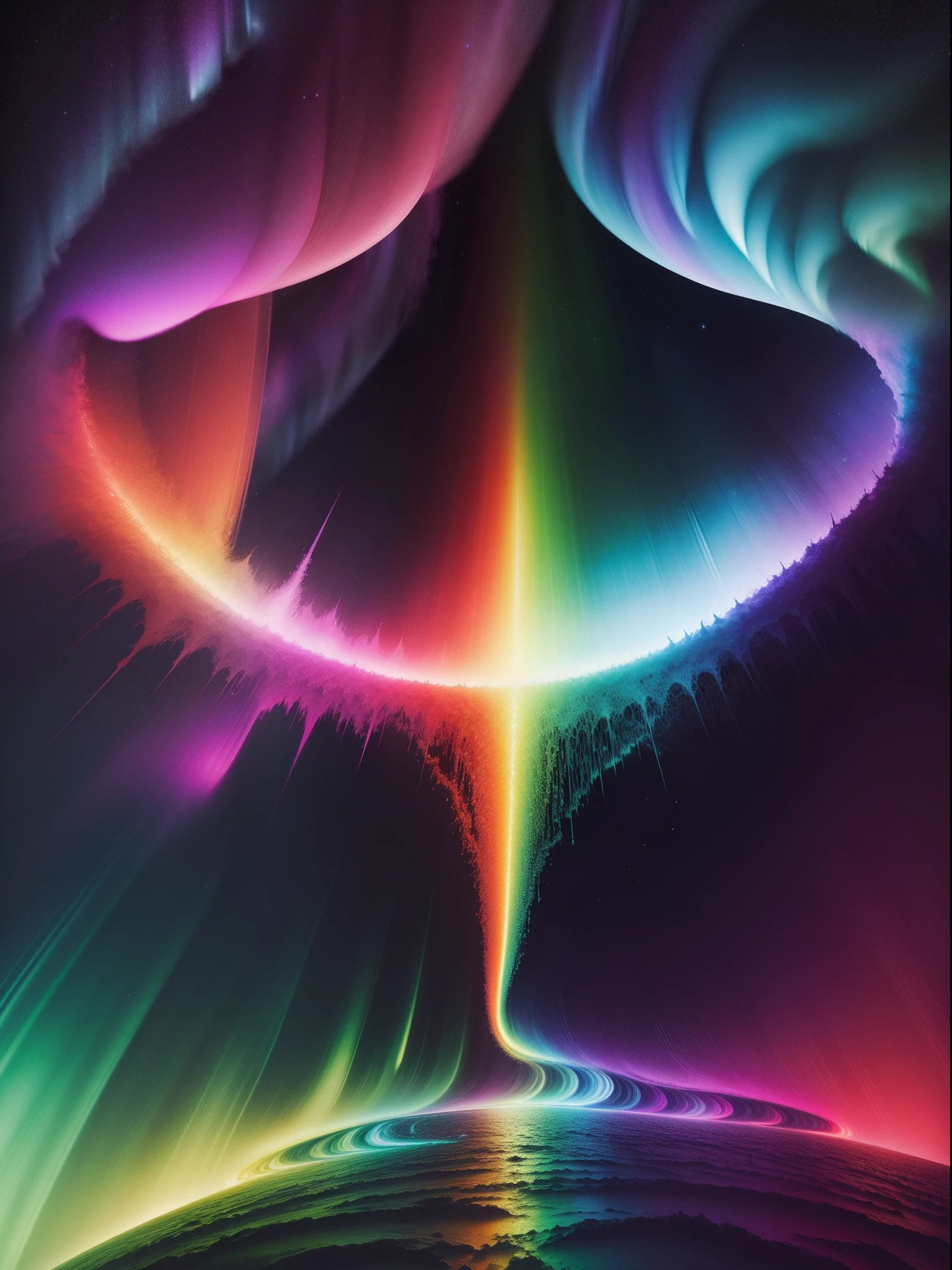 "Psychedelisches Anthro, lebendige Farben, Happiness and love. Surreal, faszinierender Ort. Aurora Borealis."