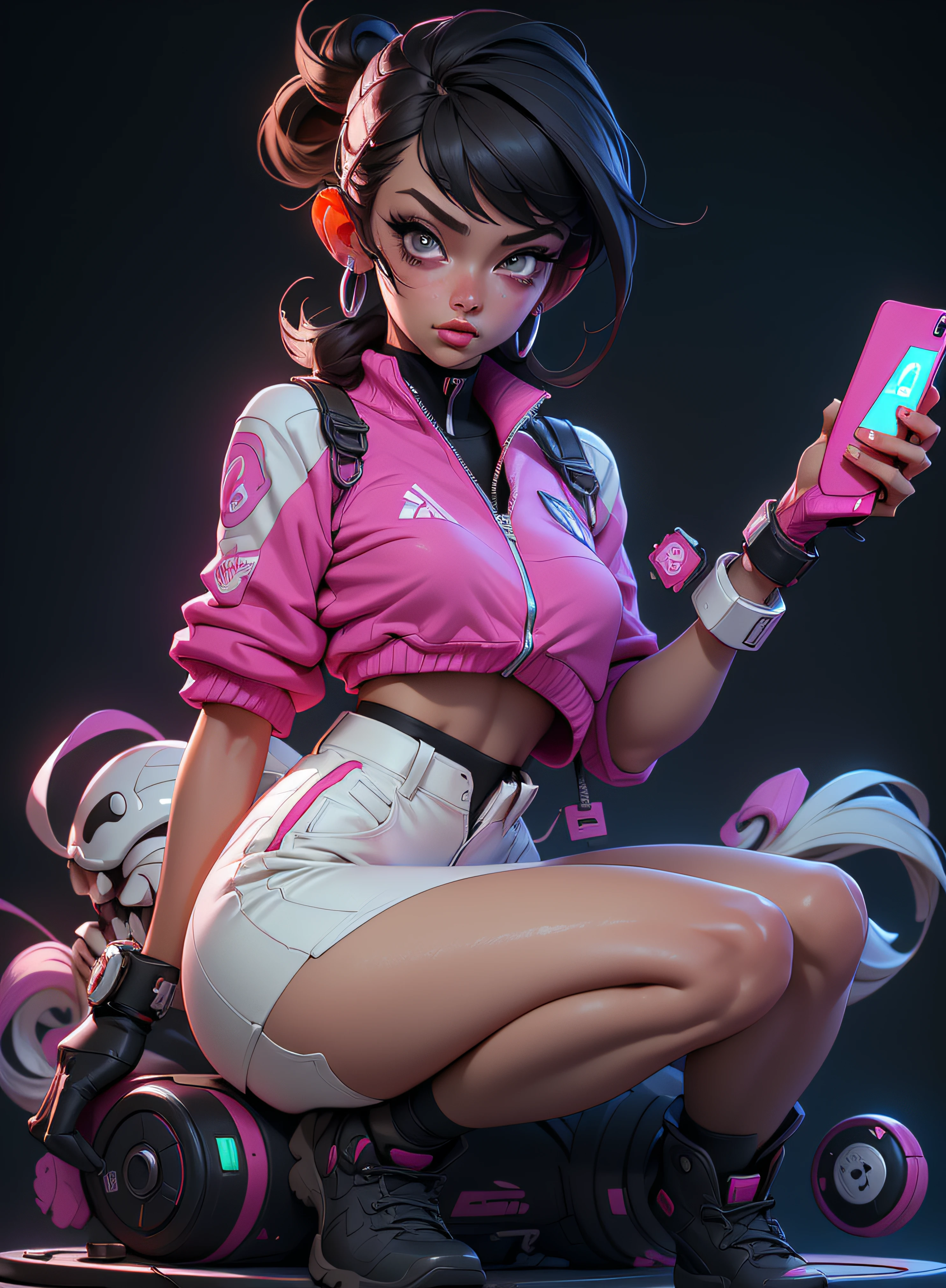 ((Best quality)), ((Masterpiece)), ((Realstic)) and ultra-detailed pchaudography, Juri Han,Pretty Girl Juri Han from Street Fighter, big ass, Jolie fille, neon light. porte un (Top Tech-Wear) et un (corde noire, motif blanc :1.2) , ((beautiful and aesthetic)), sexy, gros seins, chaud, grosse poitrine, back position accroupi, phone dans la main droite, gym background,