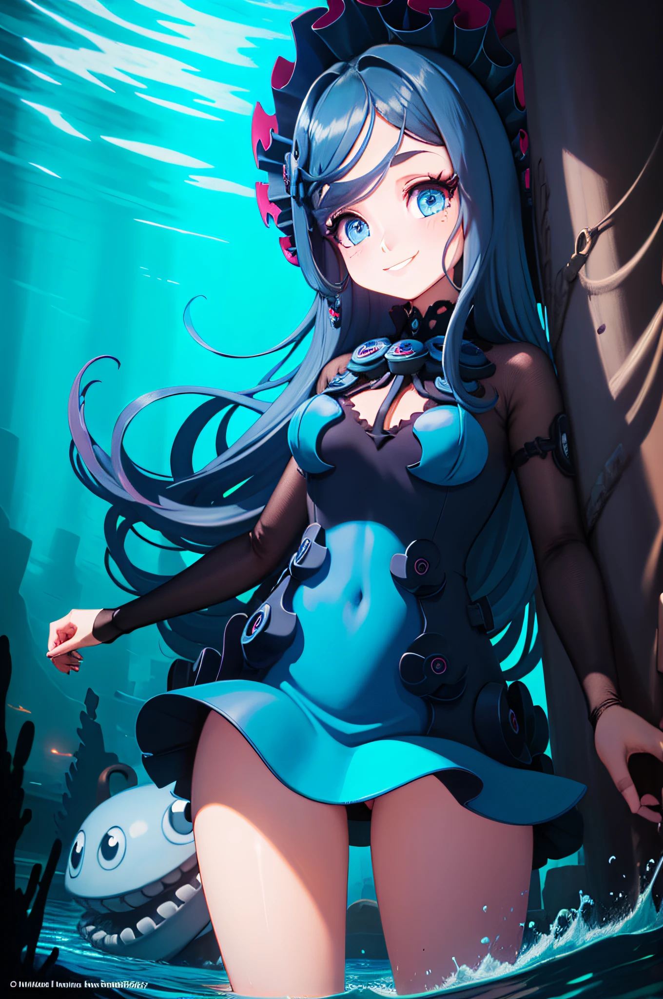 "1girl with long dark blue hair and blue eyes, dressed in a blue navy dress shirt, standing outdoors in an undersea environment, accompanied by a big octopus, wearing a smile."