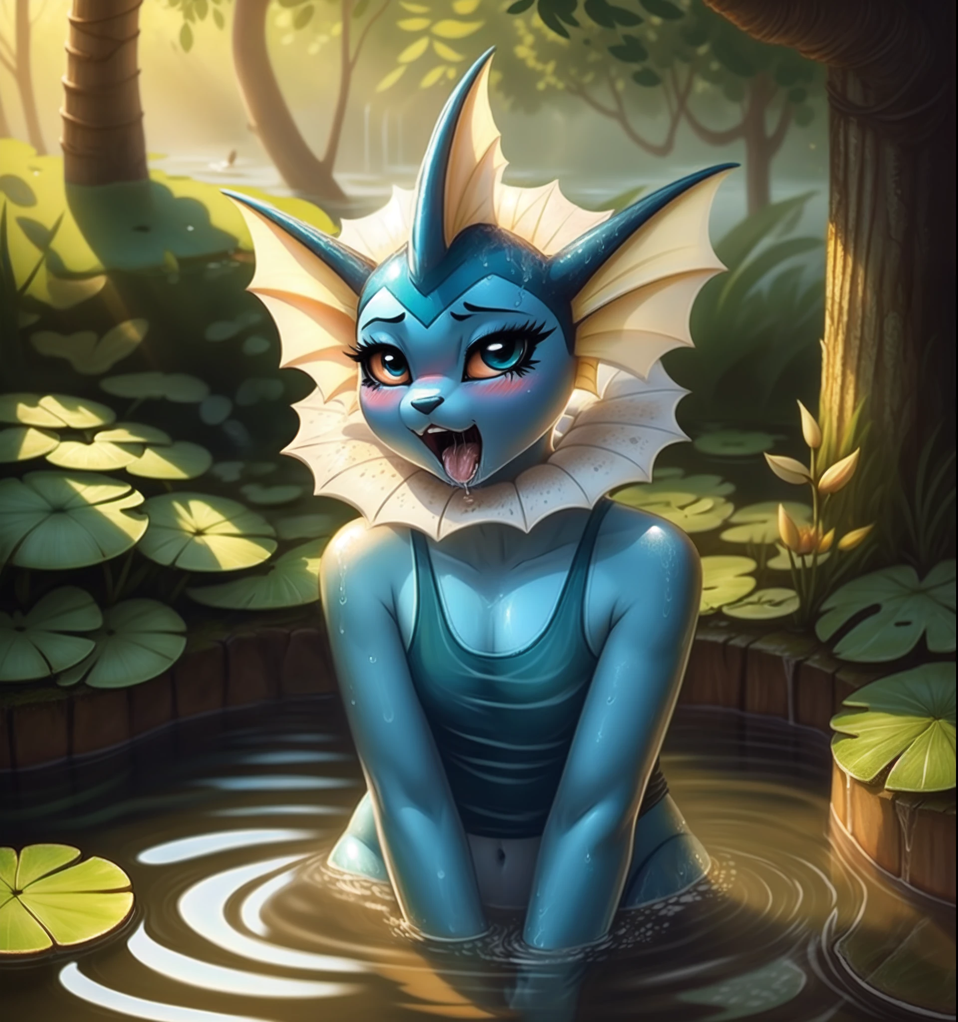 (masterpiece, best quality:1.15), 1girl, solo, vaporeon, colored sclera, long eyelashes, colored skin, (blue skin:1.1), furry, furrification black eyes, tail, spikes shiny skin, tank top, squatting, angry, blush, looking at viewer, open mouth, tongue, saliva, outdoors, pond, lily \(flower\), lily pad, plant, water, day, sunlight, dappled sunlight, sunbeam, still water, partially submerged, bathing, tree, sky