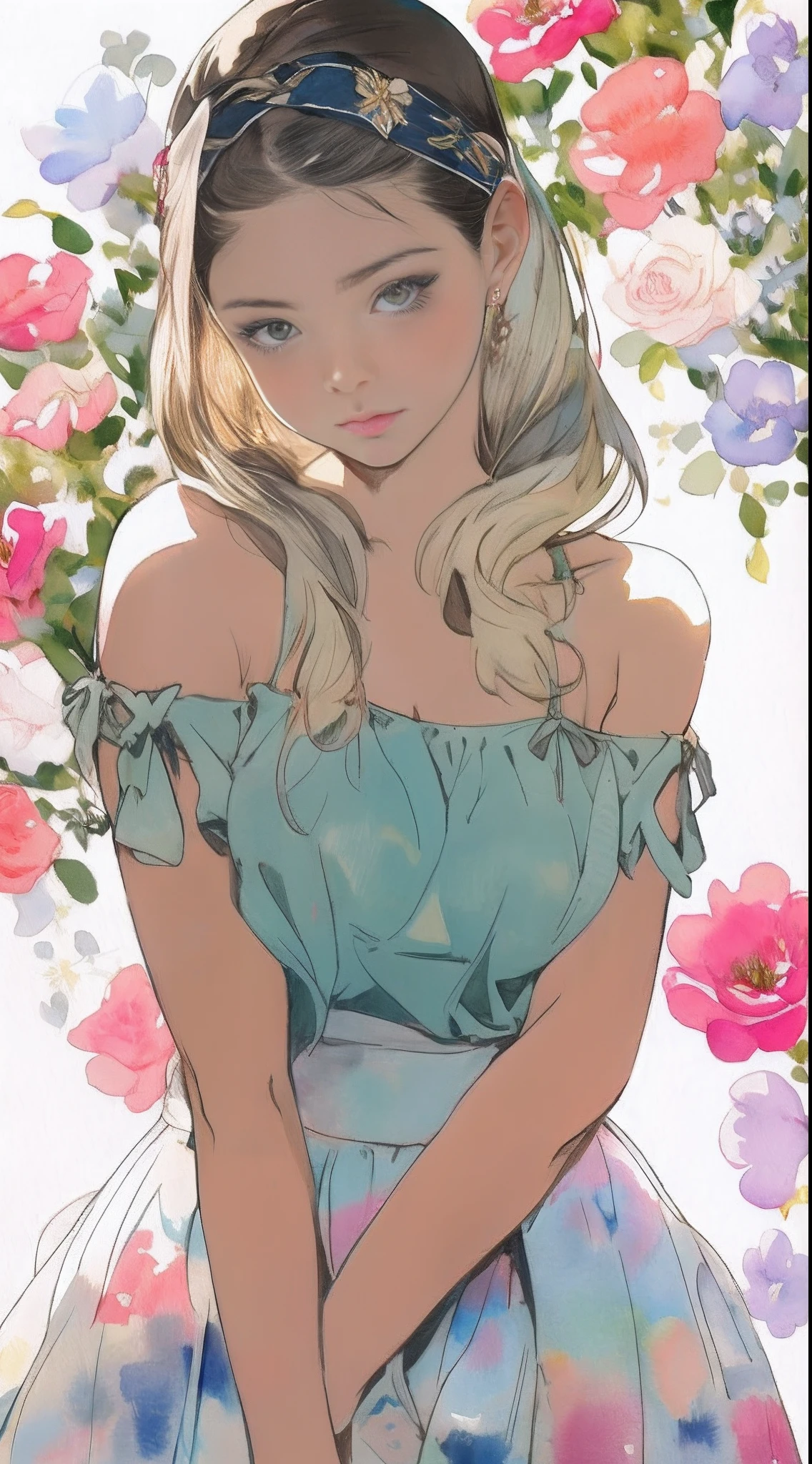Beautiful adult mexican woman, looking at viewer intently and thoughtfully, headband, pulled hair very feminine, floral skirt, spaghetti strap top, watercolor painting by singer sargent
