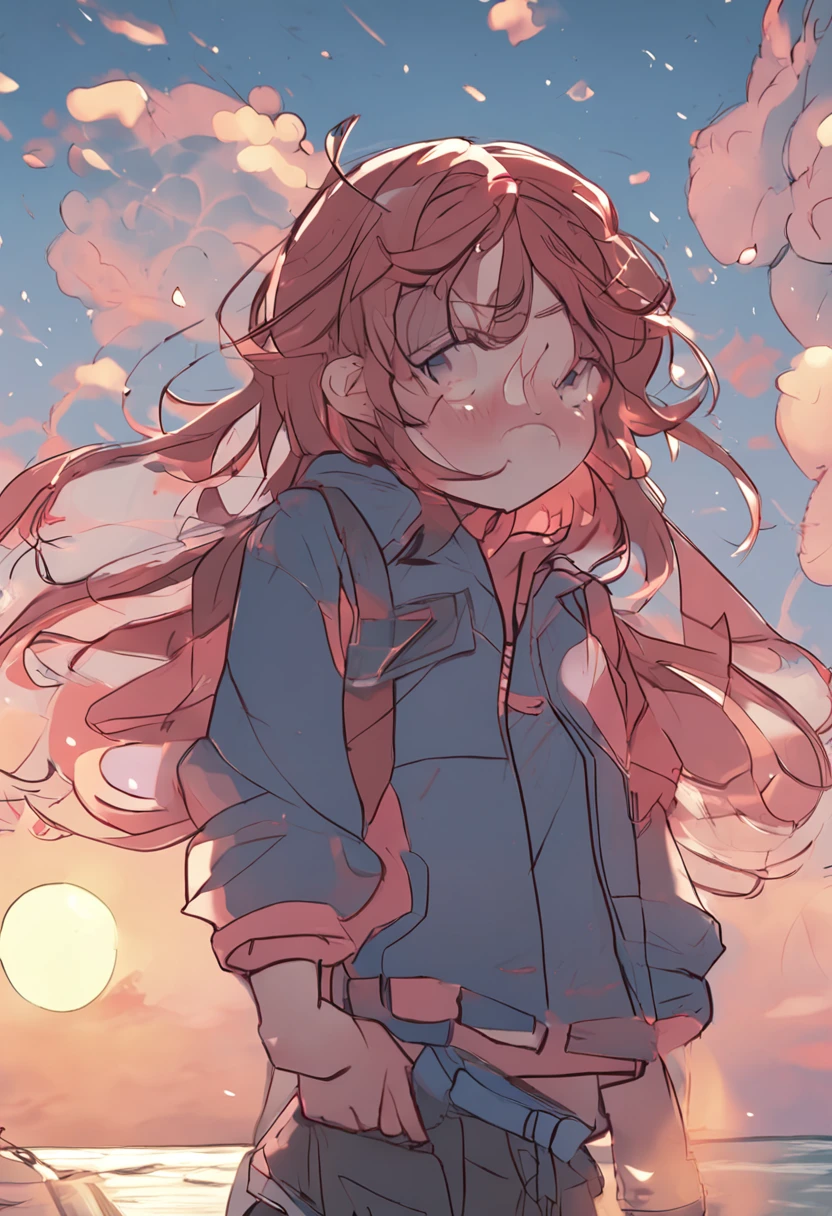 Please draw me a picture of a teenager by the beach，Anime style，Beautiful，downy，quadratic element，Thick coating，extreme hight detail，HD8K，Fine portrayal