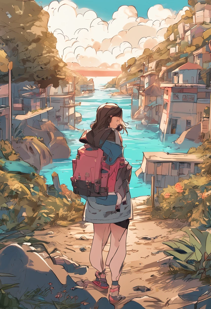 Please draw me a picture of a teenager by the beach,Anime style,Beautiful,downy,quadratic element,Thick coating,extreme hight detail,HD8K,Fine portrayal