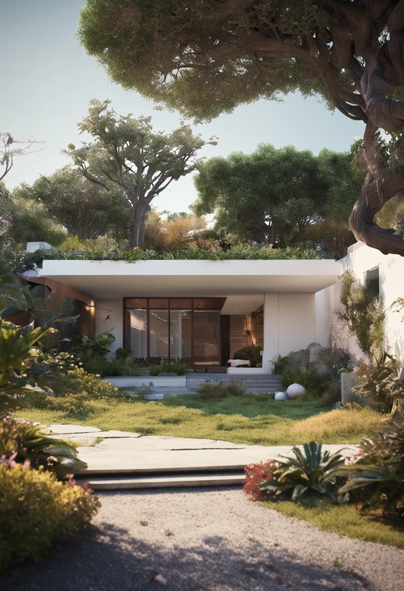 Minimalist house, 2 layers, White and garden with trees