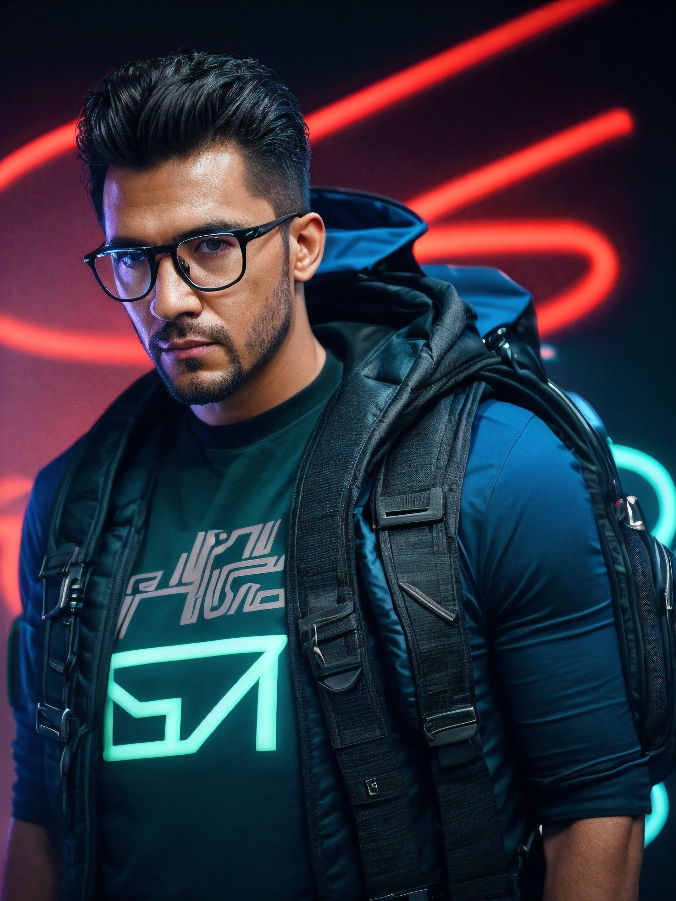 Corida photo of a man with glasses and a T-shirt, Retrato de Corido, cor neon sangrar, hero pose corida city lighting, foto retrato, pingando em tinta neon, filtros e efeitos badass, Retrato VFX altamente detalhado, cyberpunk cores vibrantes, corido saturado, gotejamento com cor, cor ( sony um 7 r iv, Corido Octane Vivid Render, Rendering of octane corid, Color Explosion. Com uma mochila nas costa, mochila preta.