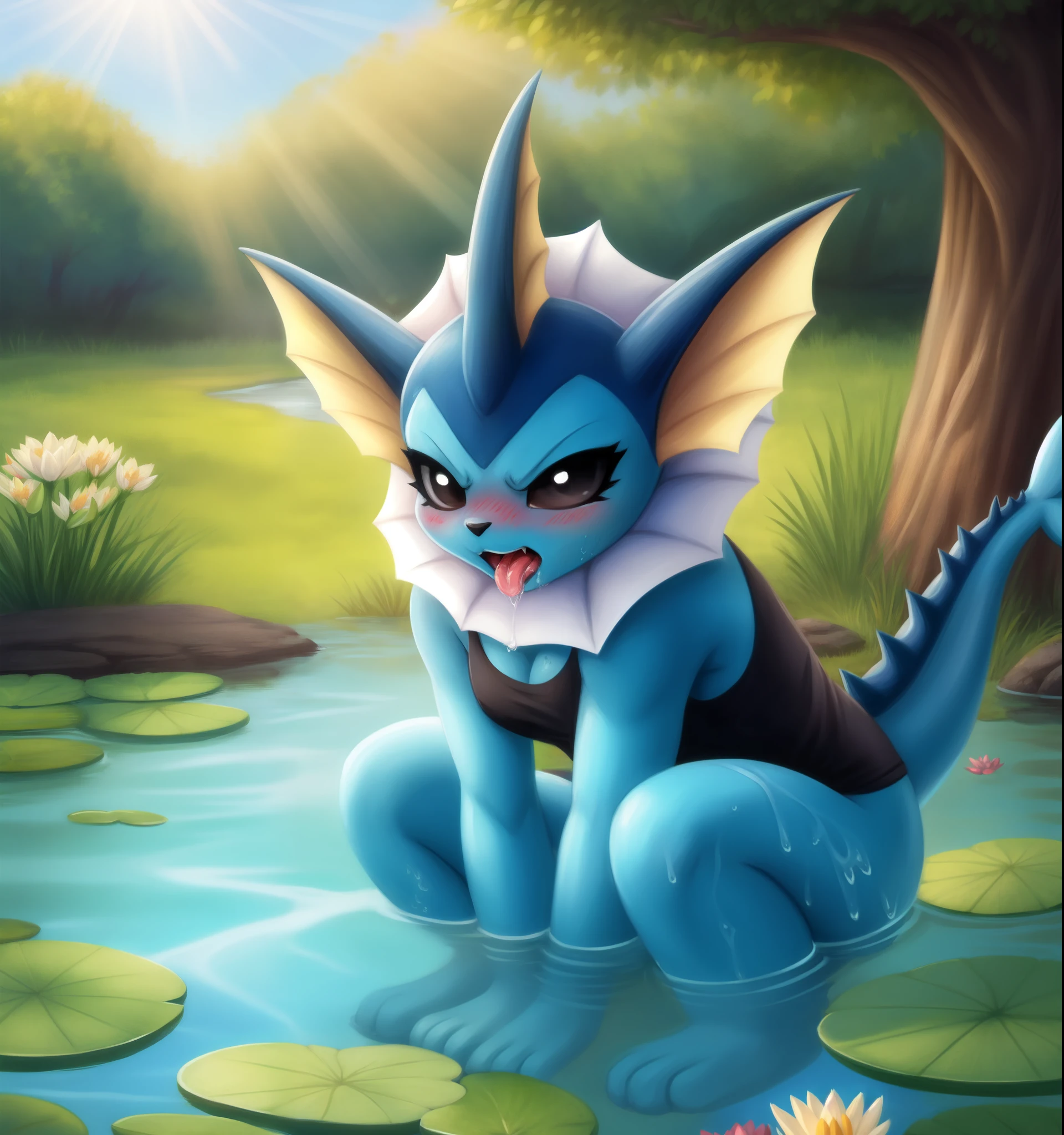 (masterpiece, best quality:1.15), 1girl, solo, vaporeon, colored sclera, long eyelashes, colored skin, (blue skin:1.1), furry, furrification black eyes, tail, spikes shiny skin, tank top, squatting, angry, blush, looking at viewer, open mouth, tongue, saliva, outdoors, pond, lily \(flower\), lily pad, plant, water, day, sunlight, dappled sunlight, sunbeam, still water, partially submerged, bathing, tree, sky