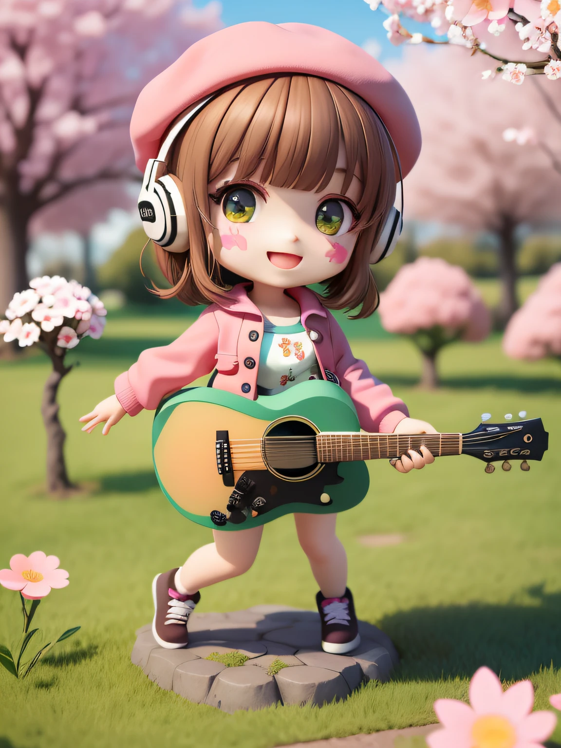 (masterpiece),(best quality),(ultra-detailed), (full body:1.2), 1girl,chibi,cute, smile, open mouth, flower, outdoors, playing guitar, music, beret, holding guitar, jacket, blush, tree, :3, shirt, short hair, cherry blossoms, green headwear, blurry, brown hair, blush stickers, long sleeves, bangs, headphones, black hair, pink flower, (beautiful detailed face), (beautiful detailed eyes),