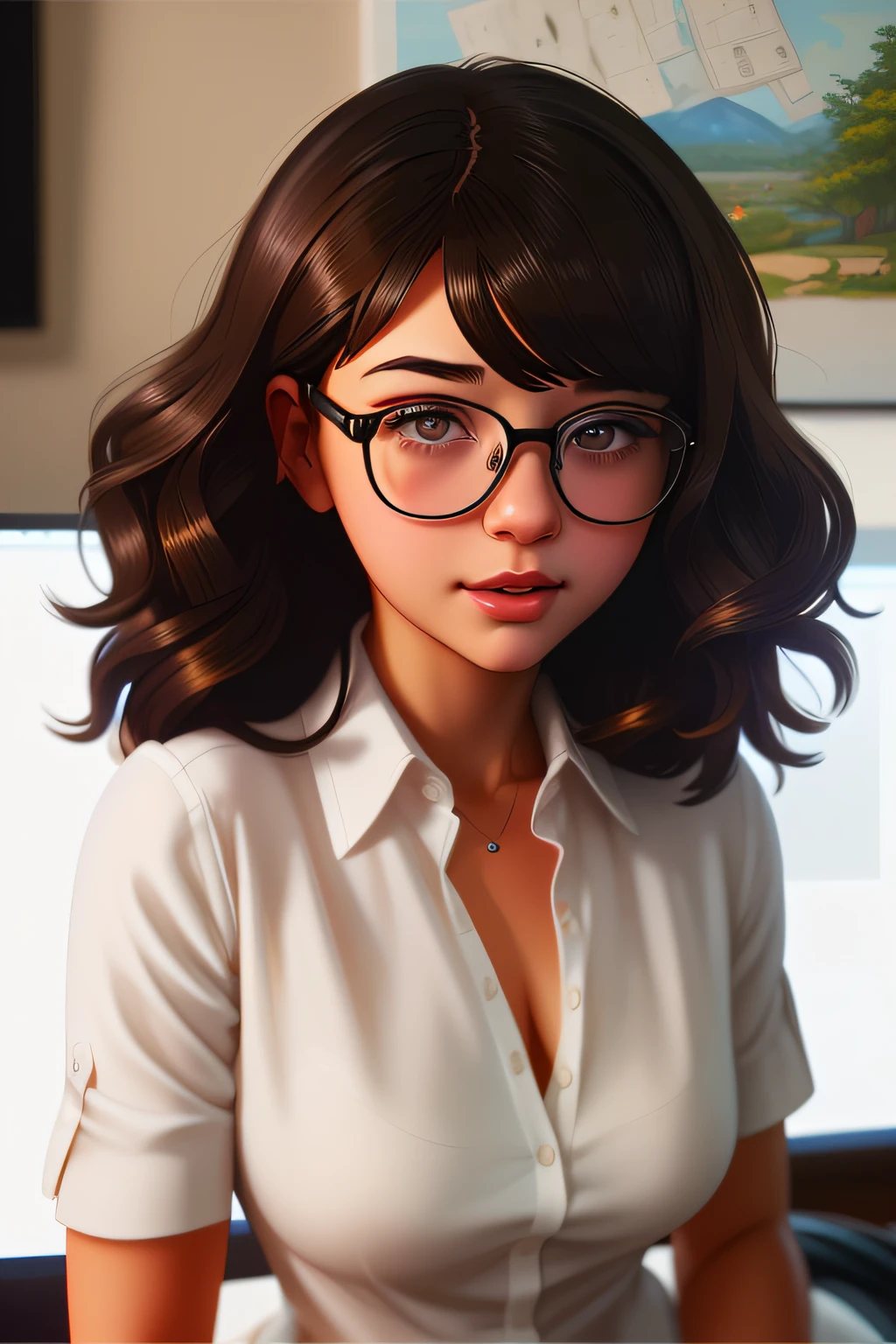 There's a dark-haired, curly-haired, dark-skinned woman wearing glasses and a cute white shirt, aluna hiperrealista, Girl with glasses in brown color, RossDraw Retrato, Retrato CGSetivity, Epic portrait illustration, pintura realista da menina bonito, Modelo IG | Artgerm, Ilya Kuvshinov. 4 mil, stunning digital illustration, realistic digital illustration