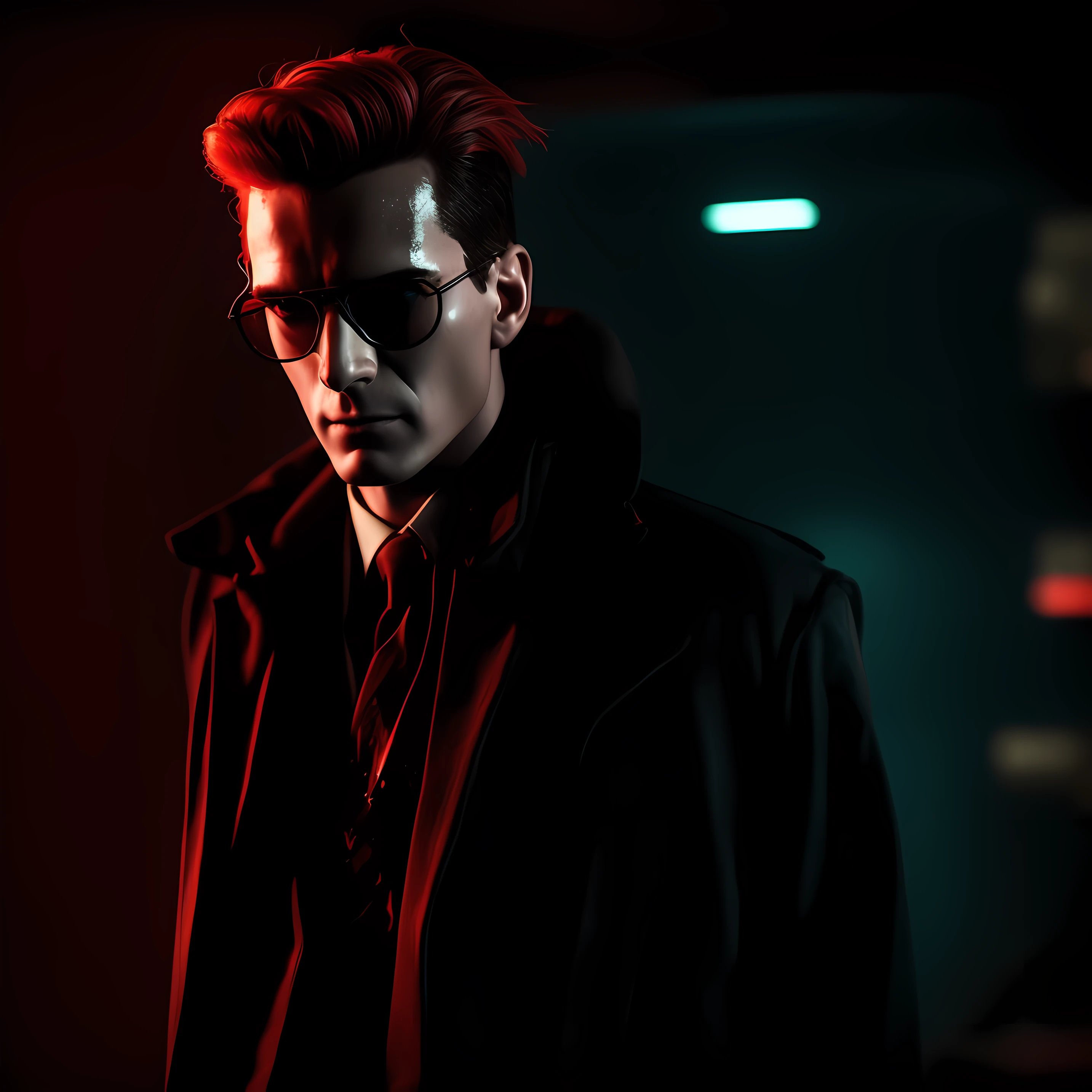 There's a man with a shirt splattered with blood and glasses, Estilo Felix Englund, inspirado em Egon von Vietinghoff, inspirado em John Carpenter, photo manipulation, inspirado em Doc Hammer, estilo cyberpunk , hiper-realista, no estilo cyberpunk, epic portrait of menacing, foto de retrato, photo - manipulation, red and cinematic lighting, cara cyberpunk, Patrick Bateman)