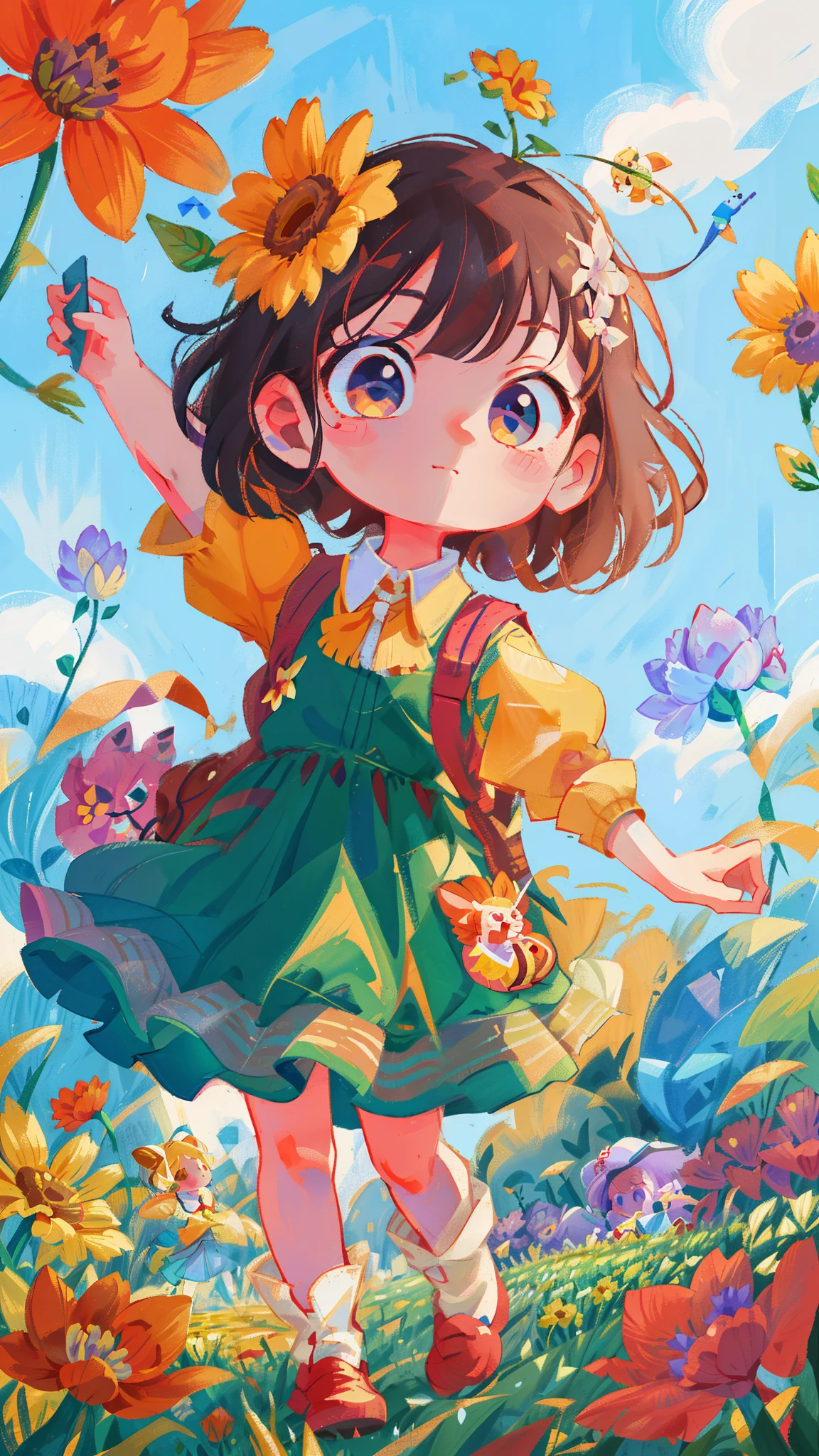 Cartoon girl in flower garden with backpack、ArtStation Children's Art、cute detailed digital art、cute art style、cute detailed artwork、Adorable digital painting、girl in flower、cute digital art、Girl dancing in yard、Short full-length portraits!、girl in flower field、beautiful artwork illustrations、Girl jumping into flower garden