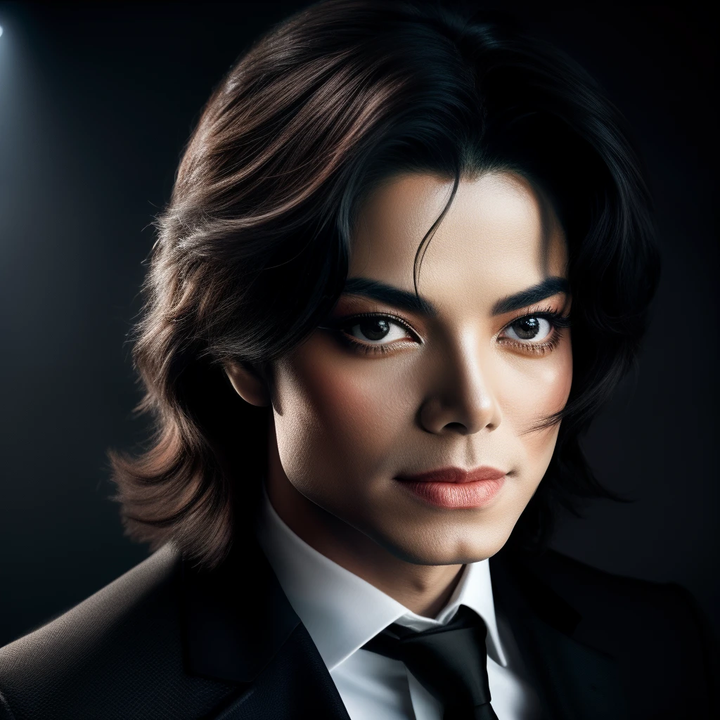 Michael Jackson, with stage lights, Style analogique brut, Des yeux captivants, Expressions captivantes. The background should be neutral and simple, pay close attention to details such as highlights and shadows on your face and hair to create a realistic and realistic image. Experiment with different lighting techniques to enhance the mood and mood of your portraits. Highly detailed skin, skin detail, mise au point nette, volumetric fog, 8K UHD, DSLR, High quality, grain du film, Fujifilm XT3