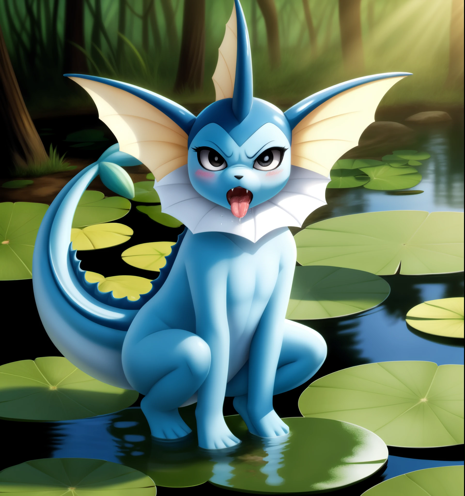 (masterpiece, best quality:1.15), 1girl, solo, vaporeon, colored sclera, long eyelashes, colored skin, (blue skin:1.1), furry, furrification black eyes, tail, spikes shiny skin, tank top, squatting, angry, blush, looking at viewer, open mouth, tongue, saliva, outdoors, pond, lily \(flower\), lily pad, plant, water, day, sunlight, dappled sunlight, sunbeam, still water, partially submerged, bathing, tree, sky