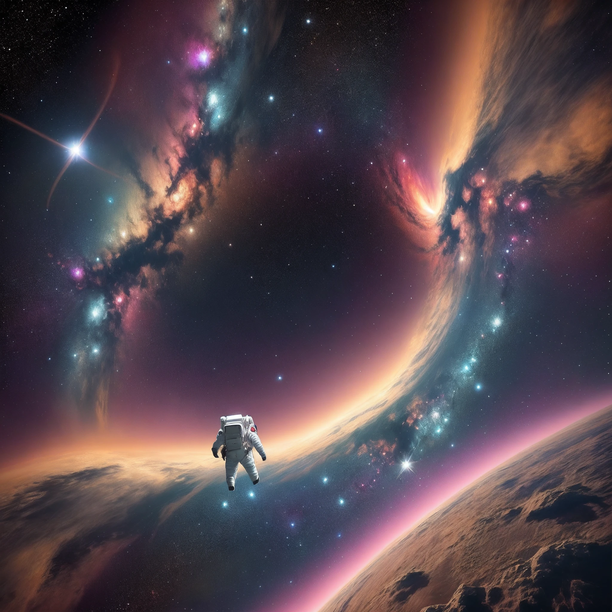 An astronaut lost in the middle of the galaxy, showing all the beauty of the space