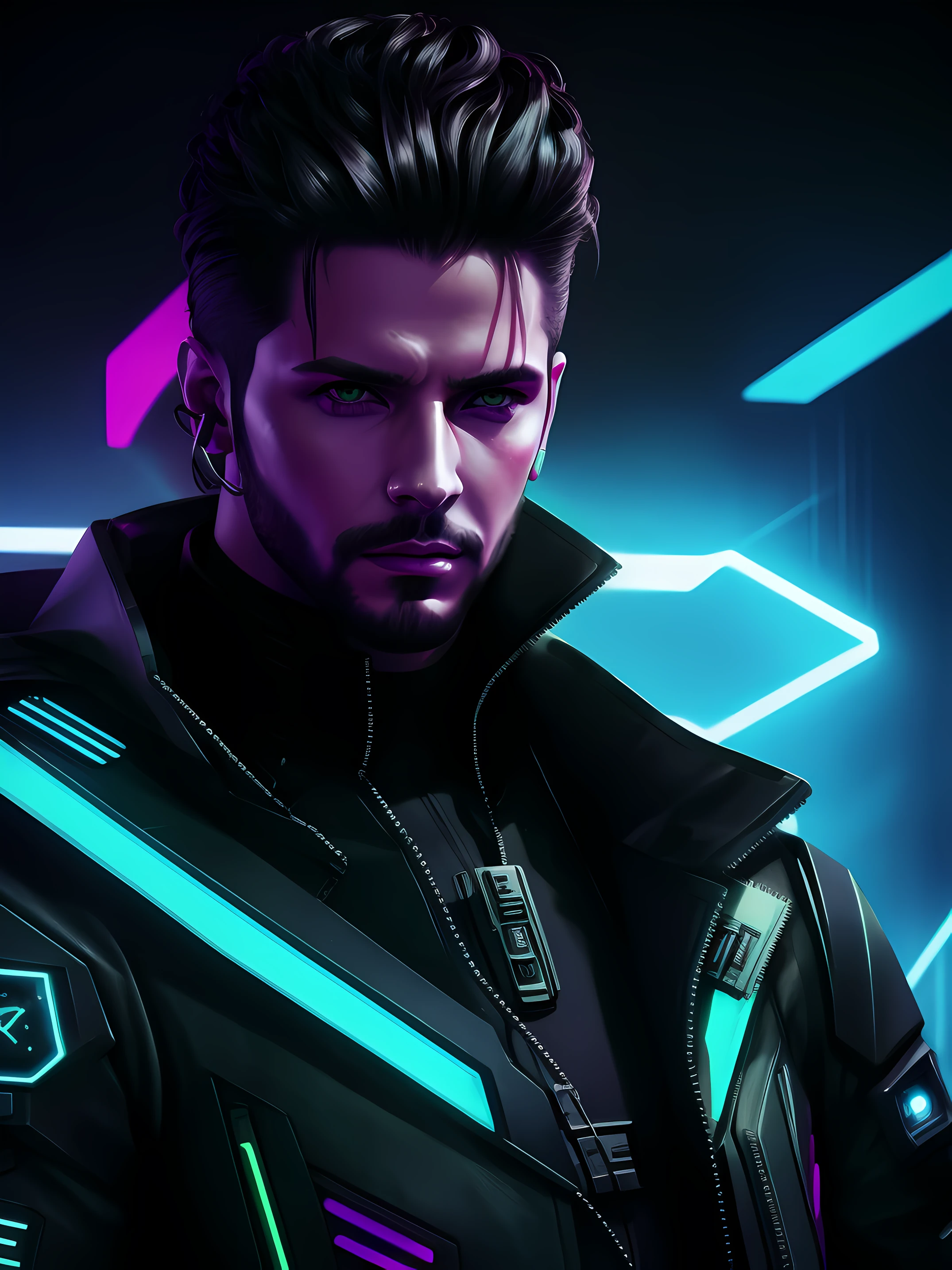 um close up de um homem em um terno futurista com um fundo futurista, cyberpunk hero, Neon scales and Cyborg Tech, Em um aliado cyber - punk, estilo cyber universe, neo vaporwave | | | |, Cybernetic style, Cara cyberpunk, cores cyberpunk, cor estilo cyberpunk, cybernetic suit, no estilo cyberpunk, Estilo de arte cyberpunk, personagem scifi, cyberpunk futurista neo, Retrato de Adam Jensen