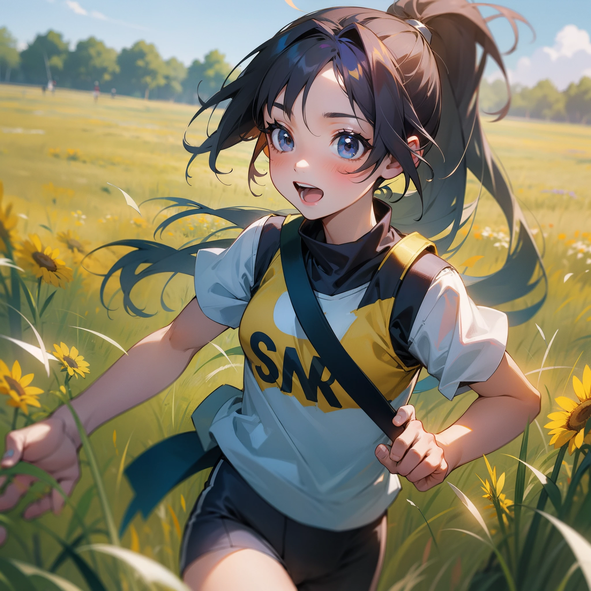 A young girl running in a field, with a ponytail, the sun shines