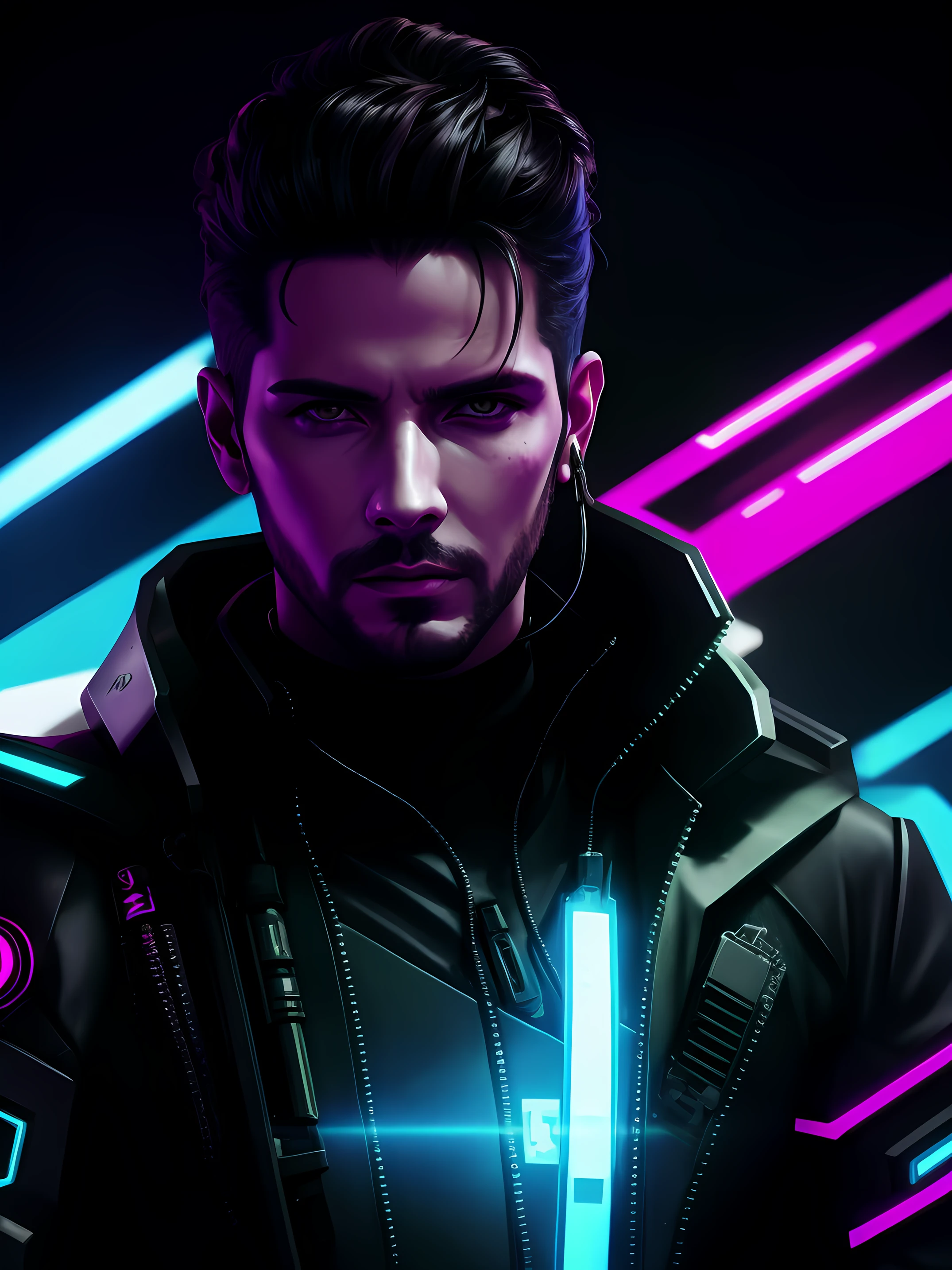 um close up de um homem em um terno futurista com um fundo futurista, cyberpunk hero, Neon scales and Cyborg Tech, Em um aliado cyber - punk, estilo cyber universe, neo vaporwave | | | |, Cybernetic style, Cara cyberpunk, cores cyberpunk, cor estilo cyberpunk, cybernetic suit, no estilo cyberpunk, Estilo de arte cyberpunk, personagem scifi, cyberpunk futurista neo, Retrato de Adam Jensen