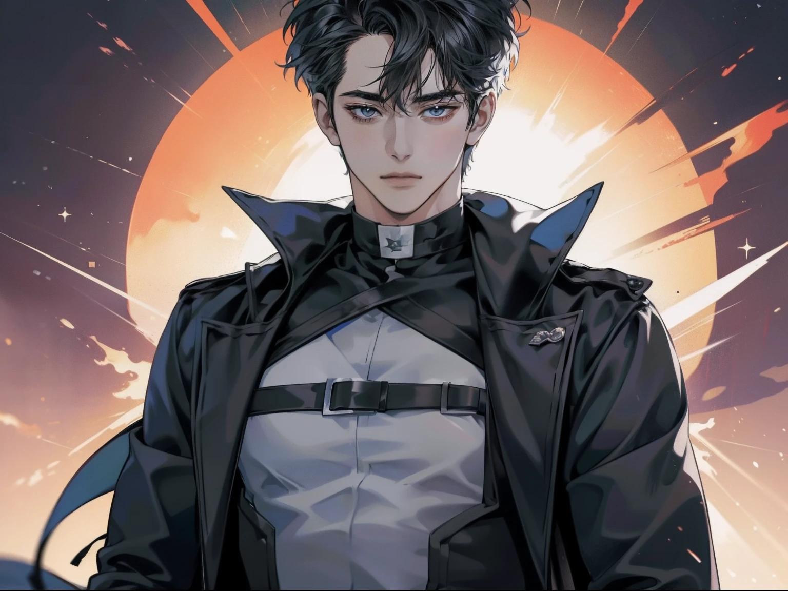 Hombre anime entre centeno con el sol saliendo, Anime hombre guapo,Cuerpo muculoso, atletico, cuerpo fornido, hombors amplios, ojos color negro, rostro rudo, Cabello de color moreno,vestido de negro, Hermosa pose de anime, Retrato de anime de un hombre guapo, inspirado por Okumura Masanobu, Chico guapo en el arte del asesino de demonios, Chico de anime alto con ojos negros, Arte clave del anime, inspirado por Okumura Togyu, Key anime images, Joven hombre de anime