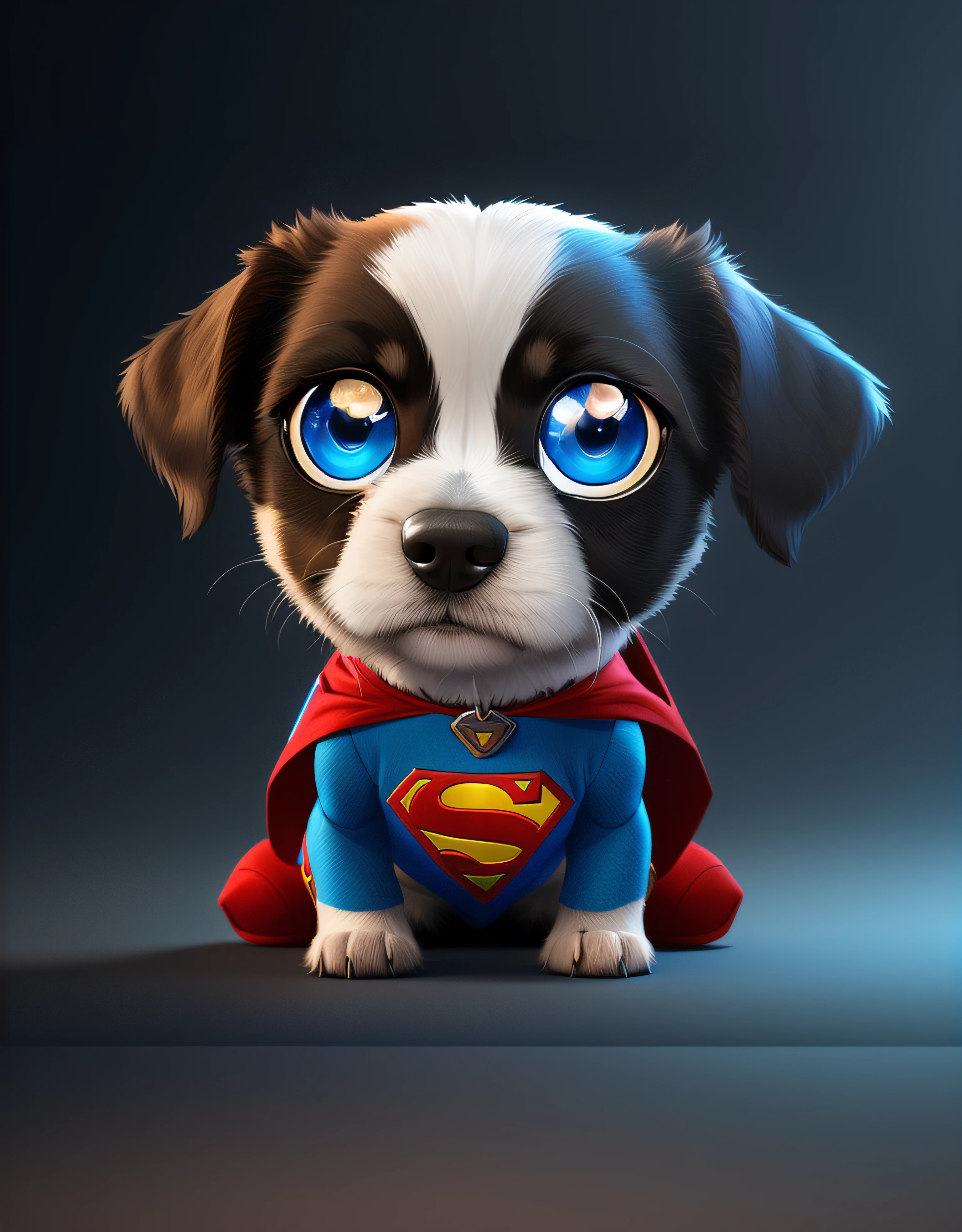 arafed puppy dressed as a superman with cape and blue eyes, cute 3 d render, adorable digital painting, super adorable, cute digital art, super highly detailed, super cute and friendly, cute detailed digital art, cute dog, super detailed and realistic, superhero, fill in top and bottom of the image, super detailed render, isometric 3d fantasy cute dog, “portrait of a cartoon animal