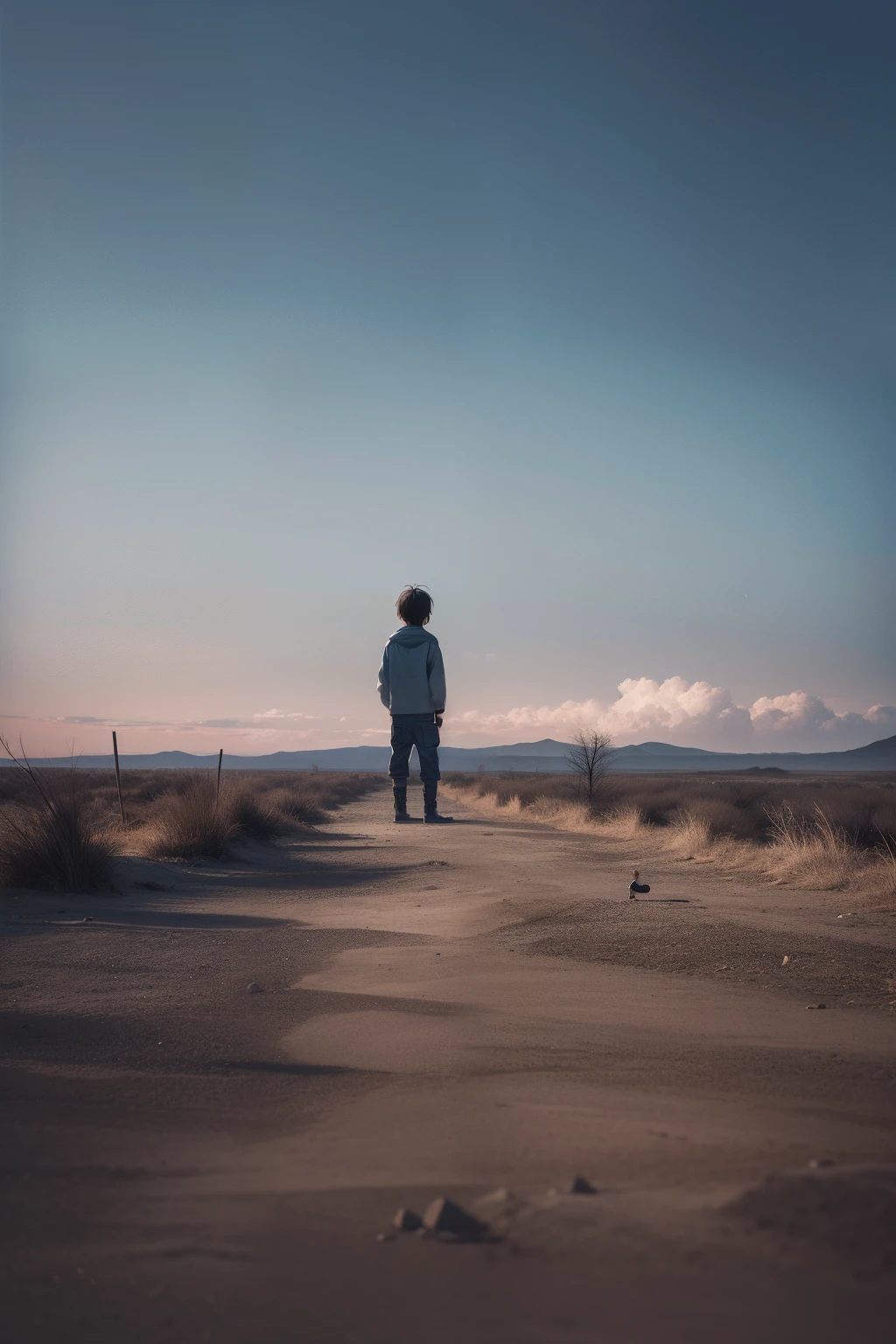 Capture a poignant scene of a small boy standing alone in a desolate, barren landscape. He is on a desperate journey to find his mother, his face marked with determination and hope. The land around him is devoid of life, with cracked earth and leafless trees stretching out into the distance. The sky above is a stark, cloudless blue, casting harsh shadows on the ground. This image is rendered in a hyper-realistic style, with high-resolution 16K detail. The lighting is harsh and direct, emphasizing the harsh conditions of the environment. The colors are muted and desaturated, reflecting the bleakness of the scene. The shot is taken with a wide-angle lens, with a composition that places the boy in the center of the frame, emphasizing his solitude. --ar 16:9 --v 5.1 --style raw --q 2 --s 750