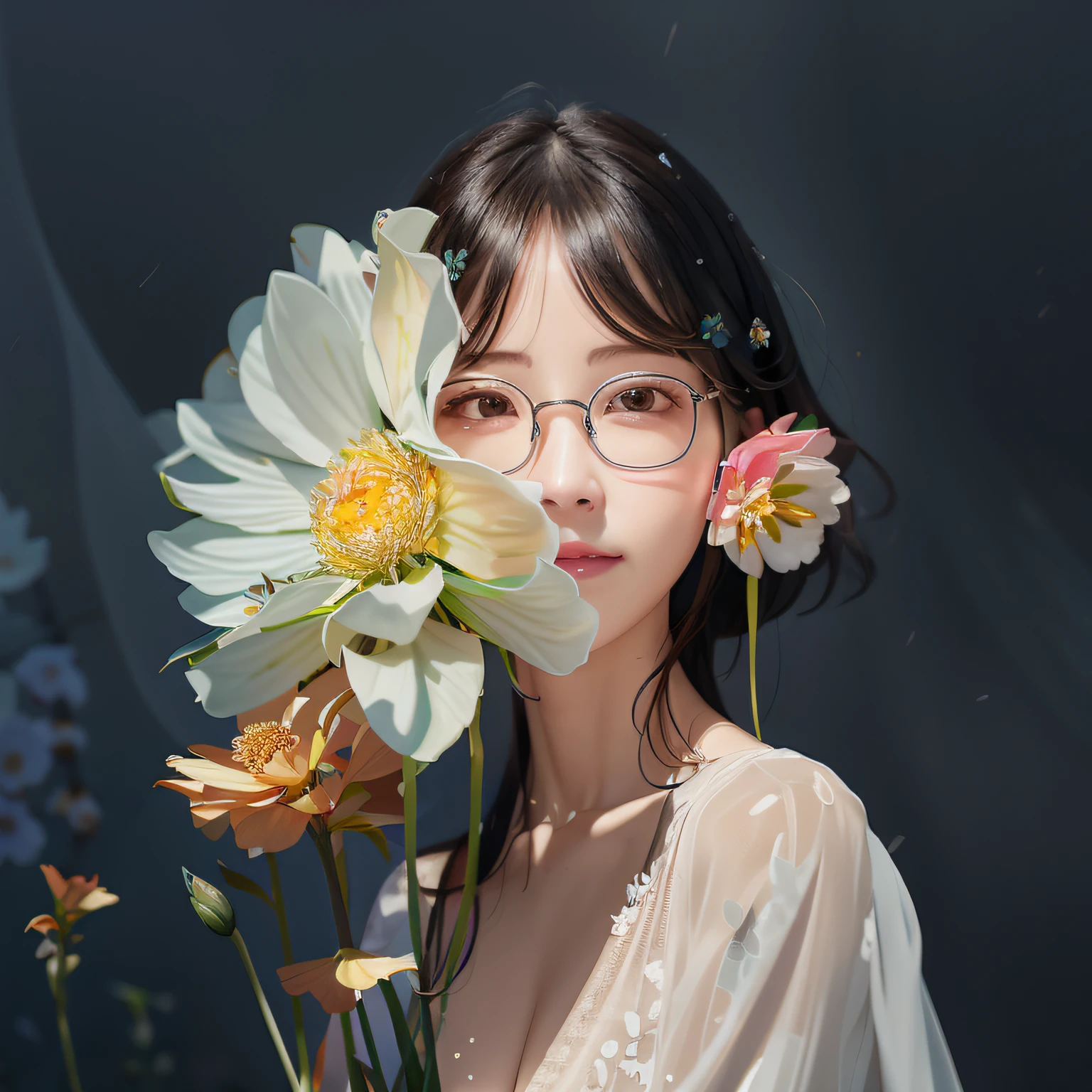 There was a woman with glasses holding a flower in front of her, Portrait photo of a beautiful, Guviz-style artwork, female portrait with flowers, With flowers, with frozen flowers around her, beautiful portrait image, girl with a flower face, By Li Song, 8k artistic portrait photography, With glasses, Zhang Jingna, By Leng Mei