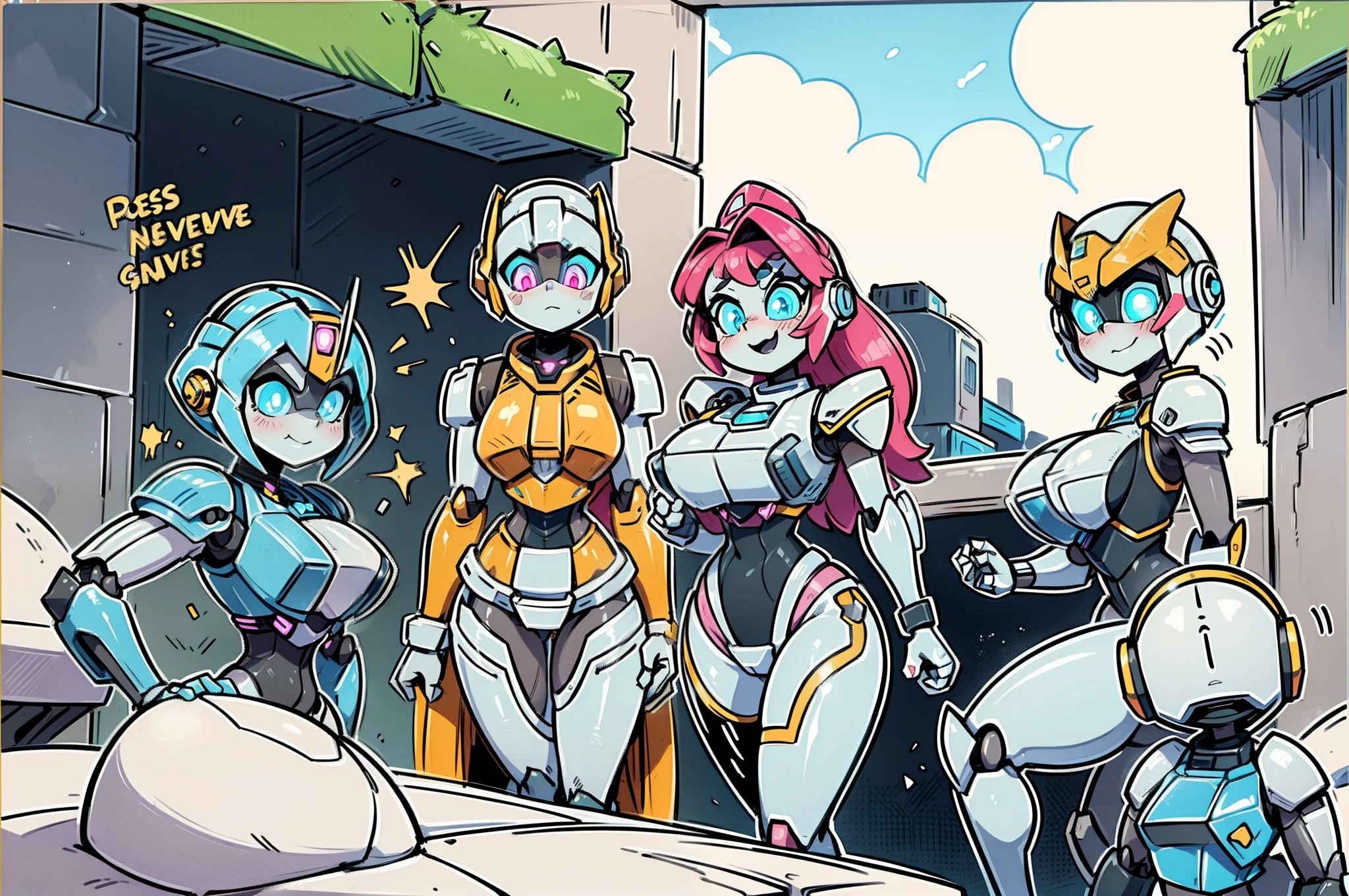 ((masterpiece)), best quality, huge boobs, fully robotic, gray skin, gray face, chibi mech, a cartoon anime style, toonish style (cute figure), (female, feminine figure, motherly, (boobs), butt, pretty, beautiful, sexy), The cute cartoonish robots had identical features - Helmet, gray face, big round eyes, shining eyes (color glow), shoulder pads, big breast plate, mecha box limbs, reimagine a female mecha space ranger soldier character with a strong and heroic appearance ready to show off their fighting skills, (futuristic armor suit:1.5), (positive expressions:2). Use the color scheme of metallic (girlish colors, girly colors) for her armor suit. sexy robots, seductive pose, captivating the audience, Emphasize the dynamic pose and the presence of her being a boss in the galaxies and stars in the to enhance the sense of his ready for anything in a space adventure. ready to go mecha