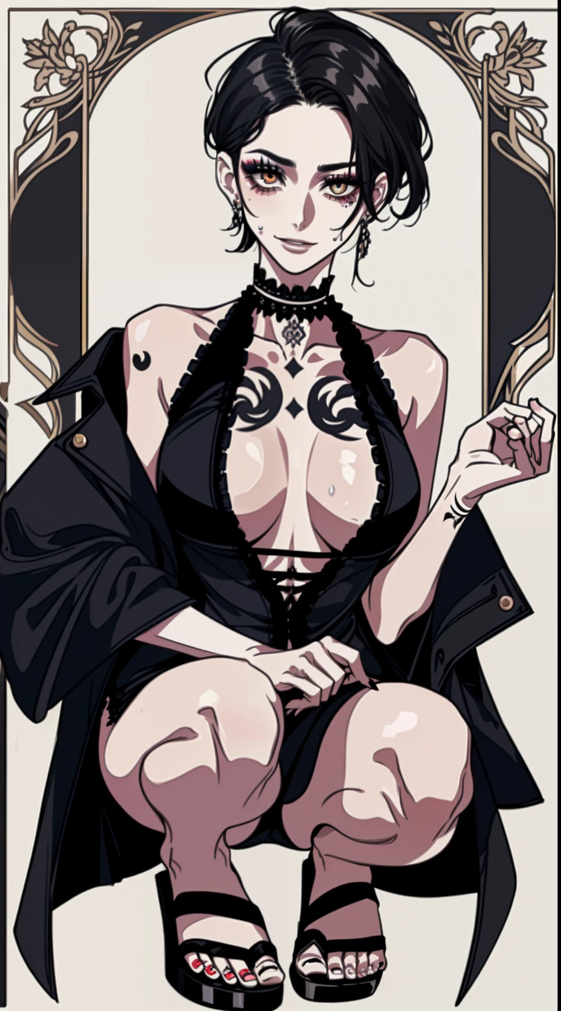((Coquettish middle-aged woman 1.2))), (((Slim and slim body1.2))), (((Obscene smile 1.2))),(((Frivolous expression 1.2))),(((Provocative expression 1.2))),hand behind head,Smoky makeup,Peach blossom eyes,heavy makeups,Dark eyeshadow,(((Expose armpits1.2))),(((Squat with your legs wide open1.2))),(((Short hair 1.2))),Peach blossom eyes,Smoky makeup, 耳Nipple Ring,choker necklace,(((Big heavy makeup 1.2))),(((Charming 1.2))),(((Coquettish debauchery 1.2))),(((Sandals 1.2))),(((Black stockings 1.2))),(((Enchanting and feminine 1.2))),(((Very detailed full body tattoo 1.2))),sweat profusely,Wearing sweat,(((Sexual innuendo 1.2))),Obscene atmosphere,(((Lewd Inferior 1.2))),(((Black coat 1.2)))