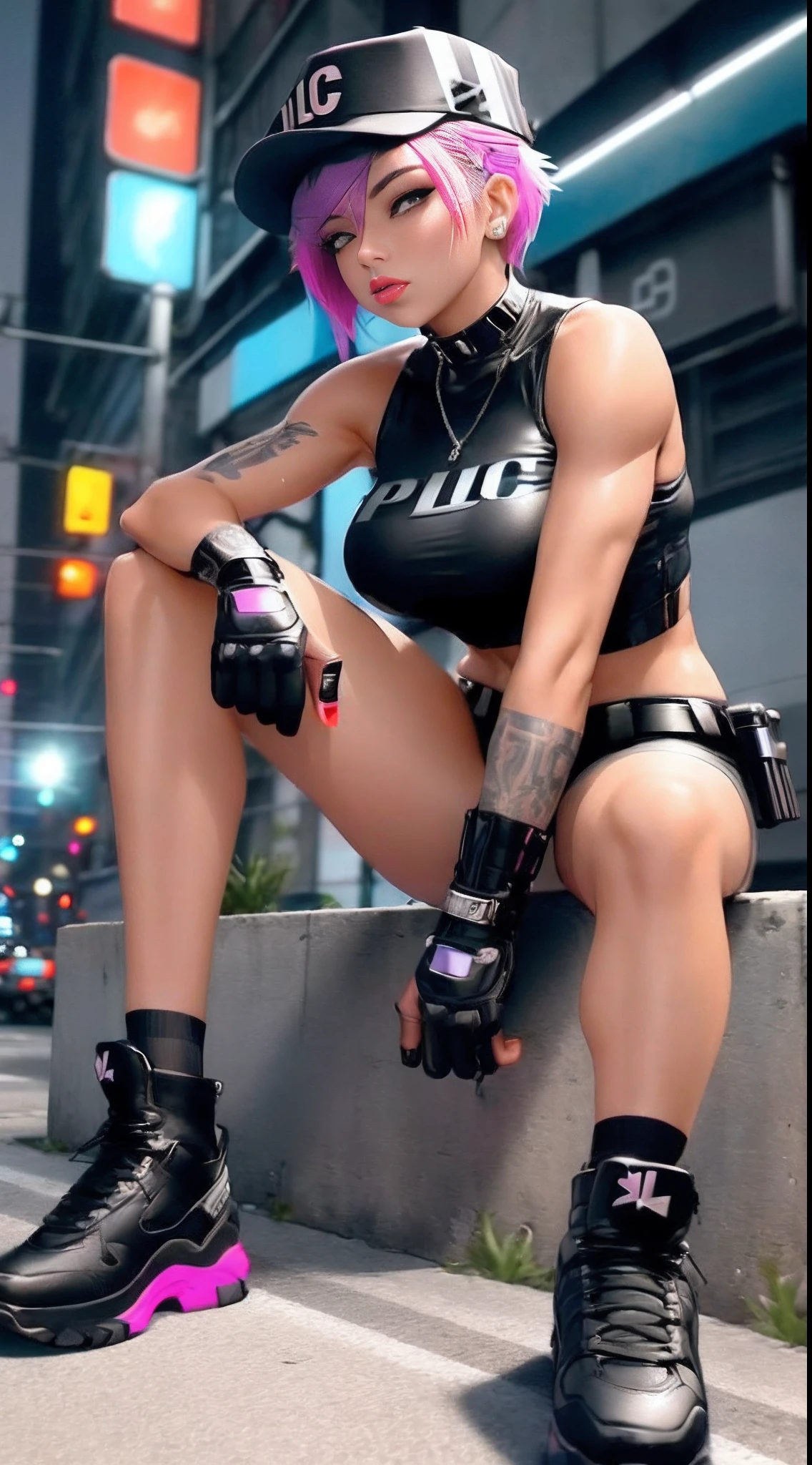 Beautiful woman 1female with punk hair style in a police cap, Short police clothes in the style of cyberpunk police, Tanned:2 Skin, It looks contrasting, good ???????, Muscles are drawn, sitting in futurasric bike,The evening sky is overcast, in the background ((nighttime)) Colorful Neon City, wet asphalt