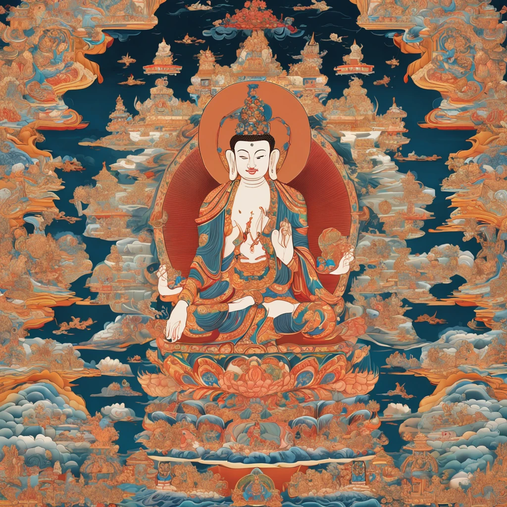 Thangka in Tibetan Buddhism，Portrait of the Buddha,Clear face，The expression is peaceful，The image is dignified and majestic，
Behind and around the detailed clouds and Chinese totem（Layer by layer，Layers of gradient light）， Crystal perspective, Ethereal,,8k解像度, 
Chinese Tibetan illustration style（Thangka art style） Static, Frontal seated image，
Expression of facial features：Eyes looking down，Thick drooping lips,large ear，long eyes，High nose，The facial contours are well defined（Smooth details）
morphology：Place your hands naturally on your legs，The form is natural，The hands and face contours are well defined（Smooth details）， 
Dazzling artistic background, The edges glow, Multicolored shades, 
Digital illustration, intricately details（meticuloso）, Sunlight focusing, Complex composition, The style of atmospheric high-end composition