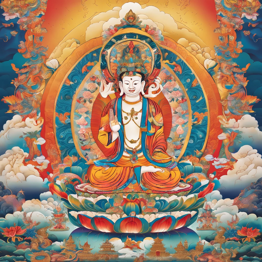 Thangka in Tibetan Buddhism,Portrait of the Buddha,Clear face,The expression is peaceful,The image is dignified and majestic,
Behind and around the detailed clouds and Chinese totem(Layer by layer,Layers of gradient light), Crystal perspective, Ethereal,,8k解像度,
Chinese Tibetan illustration style(Thangka art style) Static, Frontal seated image,
Expression of facial features:Eyes looking down,Thick drooping lips,large ear,long eyes,High nose,The facial contours are well defined(Smooth details)
morphology:Place your hands naturally on your legs,The form is natural,The hands and face contours are well defined(Smooth details),
Dazzling artistic background, The edges glow, Multicolored shades,
Digital illustration, intricately details(meticuloso), Sunlight focusing, Complex composition, The style of atmospheric high-end composition