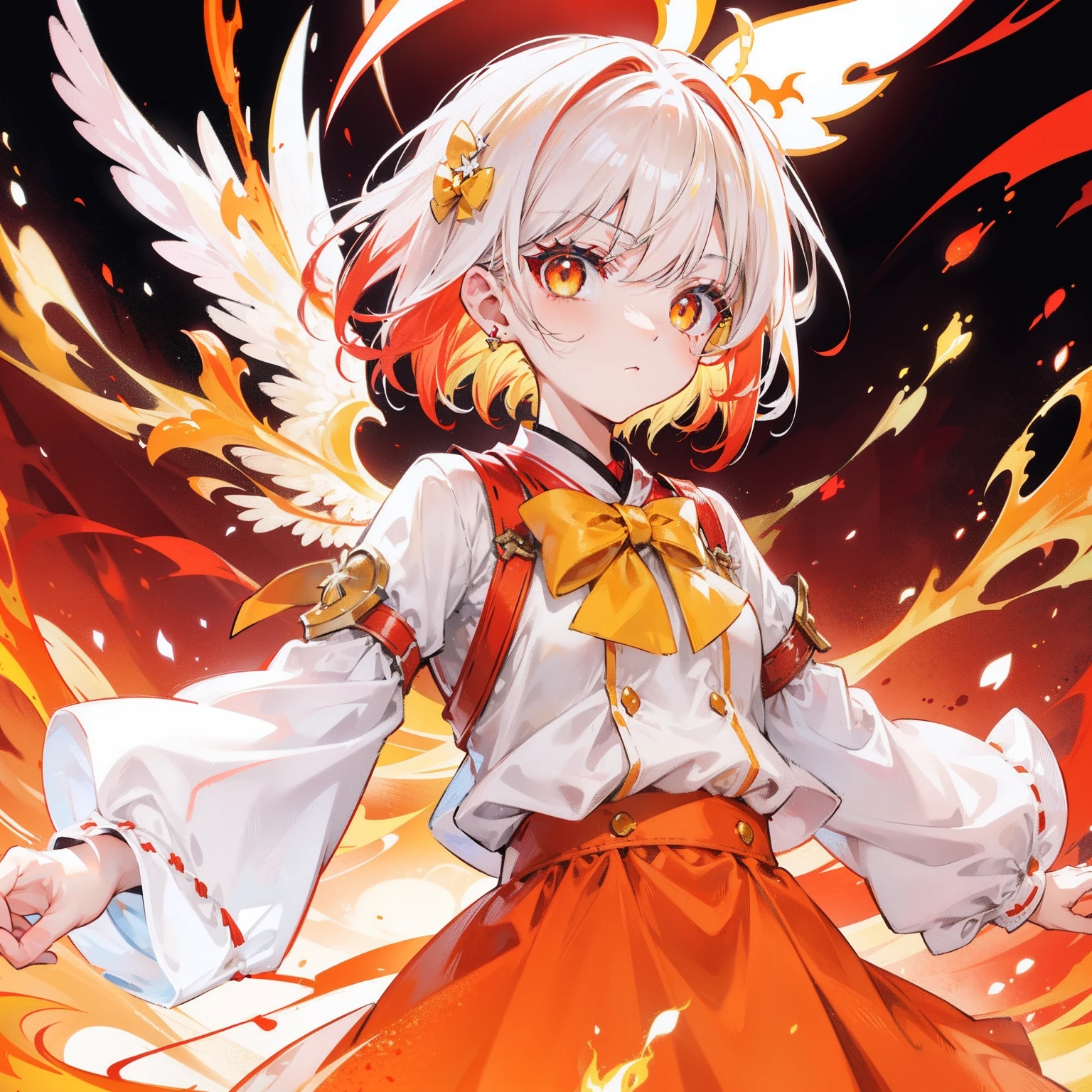 with short white hair,Slightly reddish tinge,The head is decorated with a yellow bow,Crimson pupils,Red, Orange and yellow clothes,It's a cute loli,White flame burning background,She will use white flames