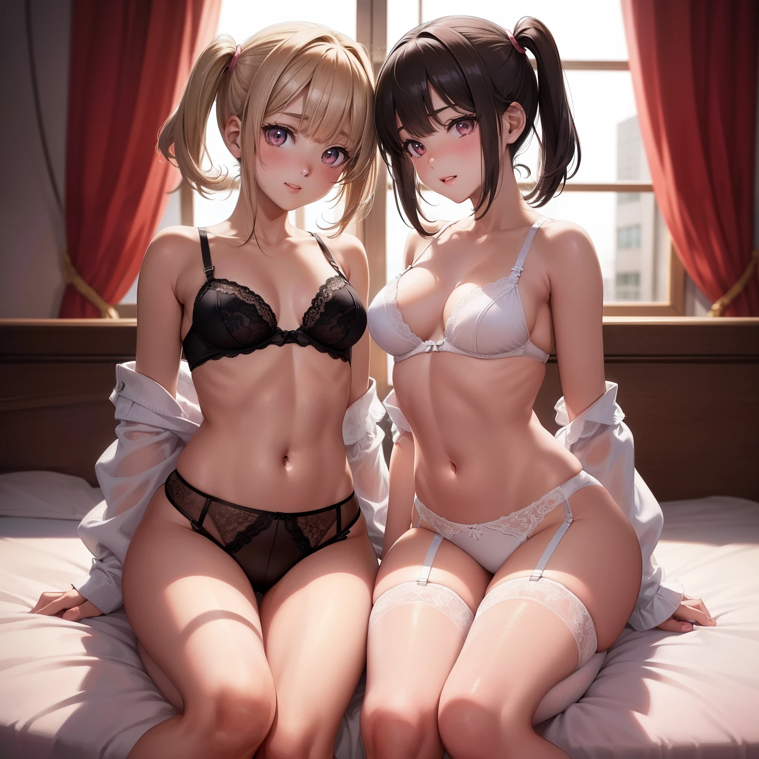 super high image, super detail, super high resolution, anime, manga, illustration, super beautiful female, light brown glossy very short twin tails, blunt bangs, short hair, sparkling big eyes, pink alluring moist big thick lips, shy, ecstatic expression, amorous expression, seductive look, flat chest, abs, perfect proportion, slender, armpit, lace lingerie very small bra and thong skimpy bottom panty, garter belt, knee high socks, thighs, sit with legs wide open, bedroom, professional lighting