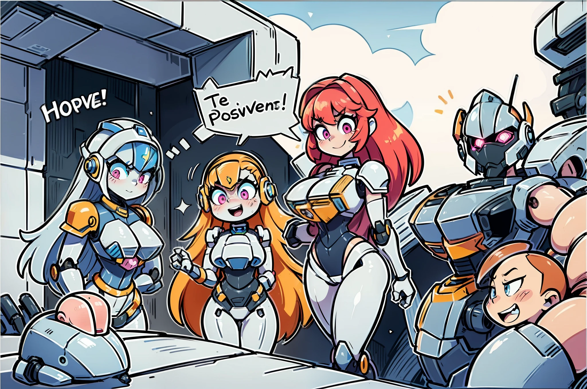 ((masterpiece)), best quality, huge boobs, fully robotic, gray skin, gray face, chibi mech, a cartoon anime style, toonish style (cute figure), (female, feminine figure, motherly, (boobs), butt, pretty, beautiful, sexy), The cute cartoonish robots had identical features - Helmet, gray face, big round eyes, shining eyes (color glow), shoulder pads, big breast plate, mecha box limbs, reimagine a female mecha space ranger soldier character with a strong and heroic appearance ready to show off their fighting skills, (futuristic armor suit:1.5), (positive expressions:2). Use the color scheme of metallic (girlish colors, girly colors) for her armor suit. sexy robots, seductive pose, captivating the audience, Emphasize the dynamic pose and the presence of her being a boss in the galaxies and stars in the to enhance the sense of his ready for anything in a space adventure. ready to go mecha