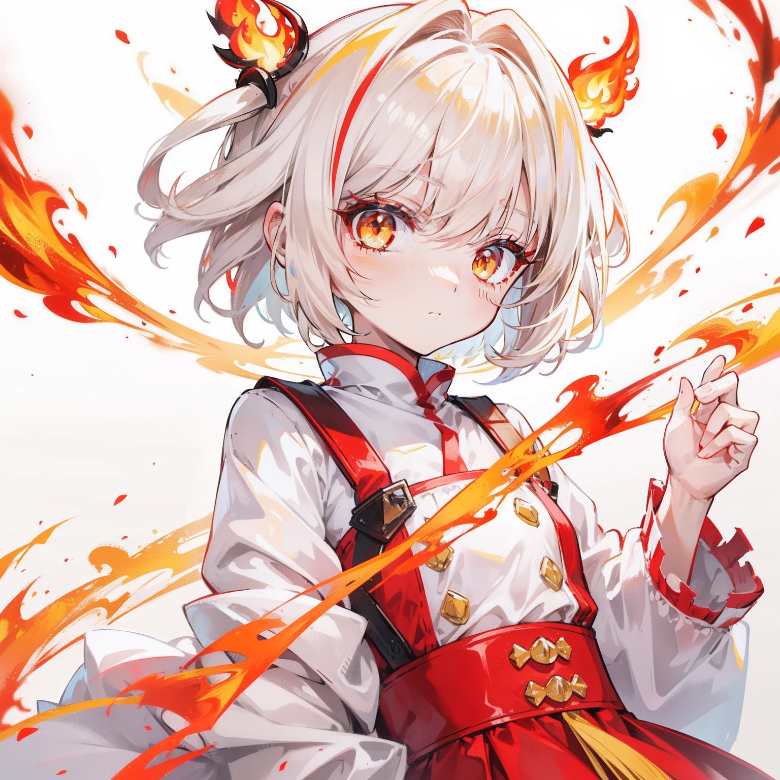 Short white hair with a slight reddish tinge，The head is decorated with a yellow bow，Crimson pupils，Red, Orange and yellow clothes，It's a cute loli，White flame burning background，She will use white flames