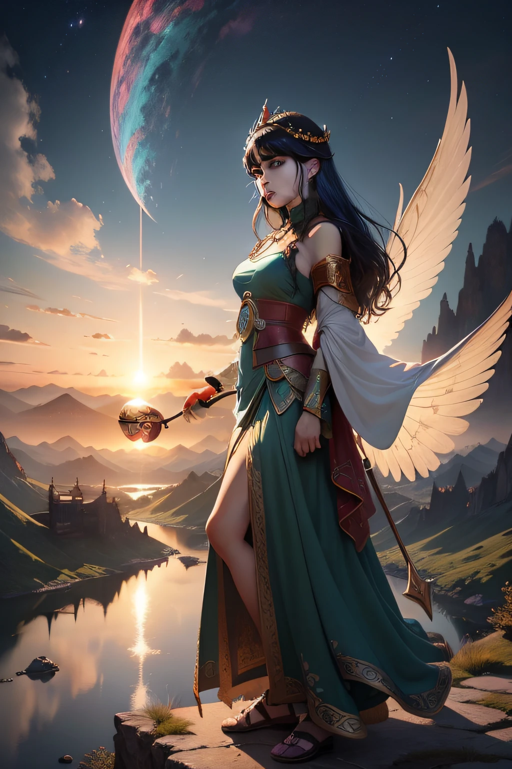 In the painting，You can depict a fairyland-like scene from a mythical legend。on the sky，It can depict rich auspicious clouds and rays of light，As if heralding a big change about to happen。Nuwa is dressed in gorgeous fairy clothes，Stand on the top of a towering mountain，She stared ahead calmly but firmly。
Nuwa holds a round jade disk，The plate emits a colorful light。She is using virtuosity and ingenuity，Mending the torn sky。Her brows furrowed，The expression is solemn，It seems to be taking on a heavy responsibility。
Around Nuwa，You can depict some other immortals、Mythical beasts or other mythical creatures，They may be assisting Nuwa，Or watching her work。Their expressions were filled with awe and admiration，Feel the greatness and magic of Nuwa。
The whole picture can be rich in color，In order to express the magnificent scene of Nuwa making up the sky。The background can depict mountains and rivers、Lush forests and ornate palaces，It creates a mysterious and fantastical atmosphere。