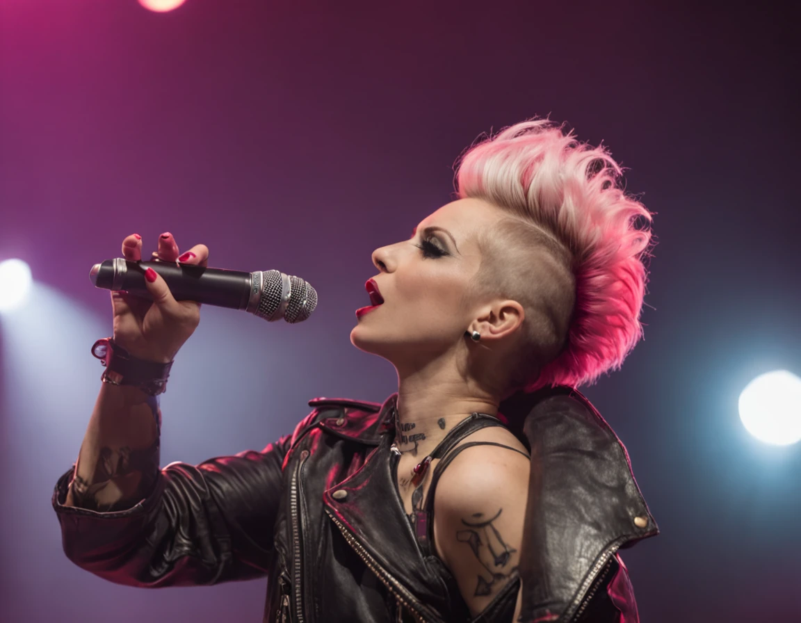 female punk singer singing in stage with musicians, punk hair shaved, red light