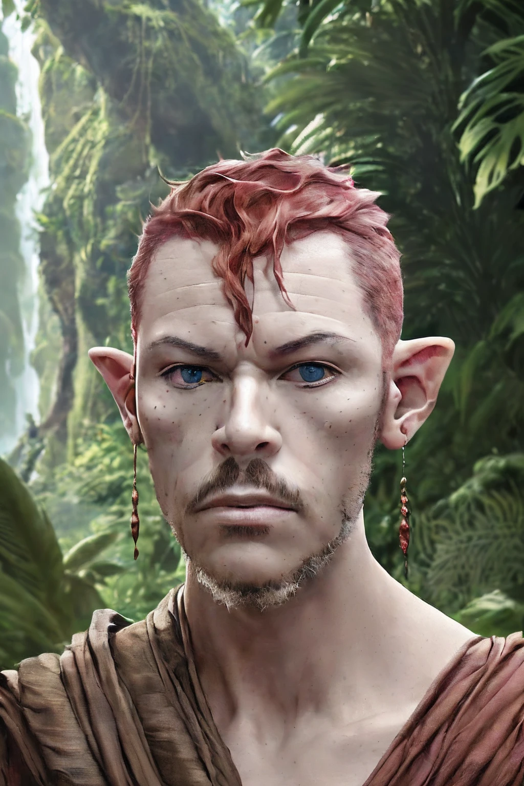 Gerar um hiper-realista, High definition portrait of a male elf in the heart of a lush jungle. Este elfo deve ter um rosto detalhado (com escala 1.4), cabelos longos vermelhos ardentes, e estar vestido com trajes de couro. Your elven ears should be visible prominently. The scene should be set at night, com um, Almost supernatural lighting casting a crimson glow over the entire atmosphere, Creating a magical environment. The art should capture precise detail and be rendered in breathtaking 8K resolution.