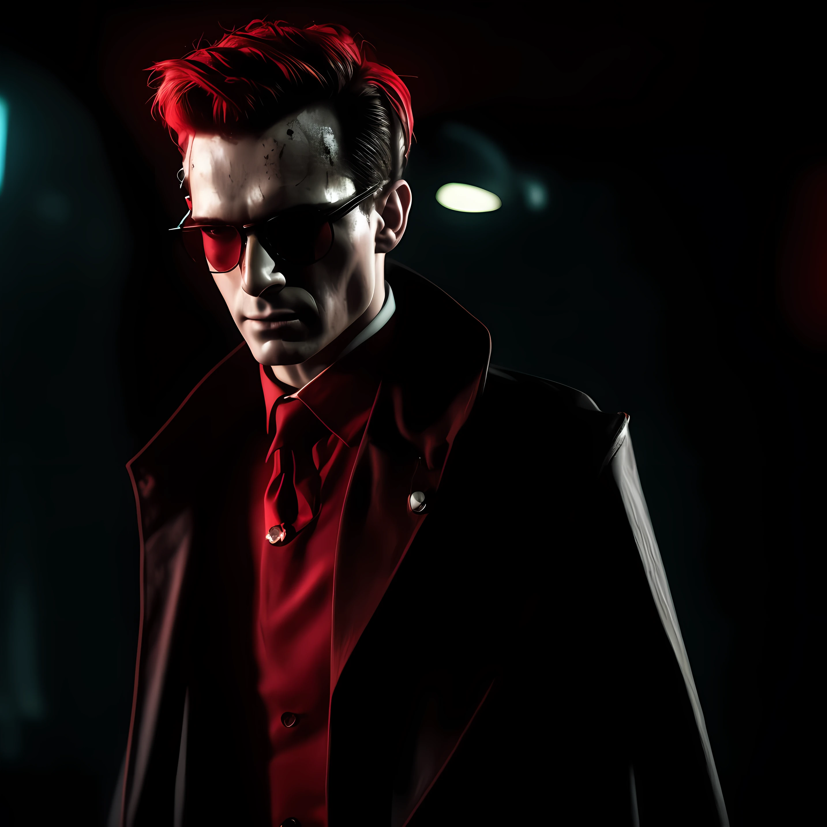 There's a man with a shirt splattered with blood and glasses, Estilo Felix Englund, inspirado em Egon von Vietinghoff, inspirado em John Carpenter, photo manipulation, Inspirado em Doc Hammer, Estilo cyberpunk , hiper-realista, no Estilo cyberpunk, epic portrait of menacing, Foto retrato, photo - manipulation, red and cinematic lighting, Cara cyberpunk, Patrick Bateman)