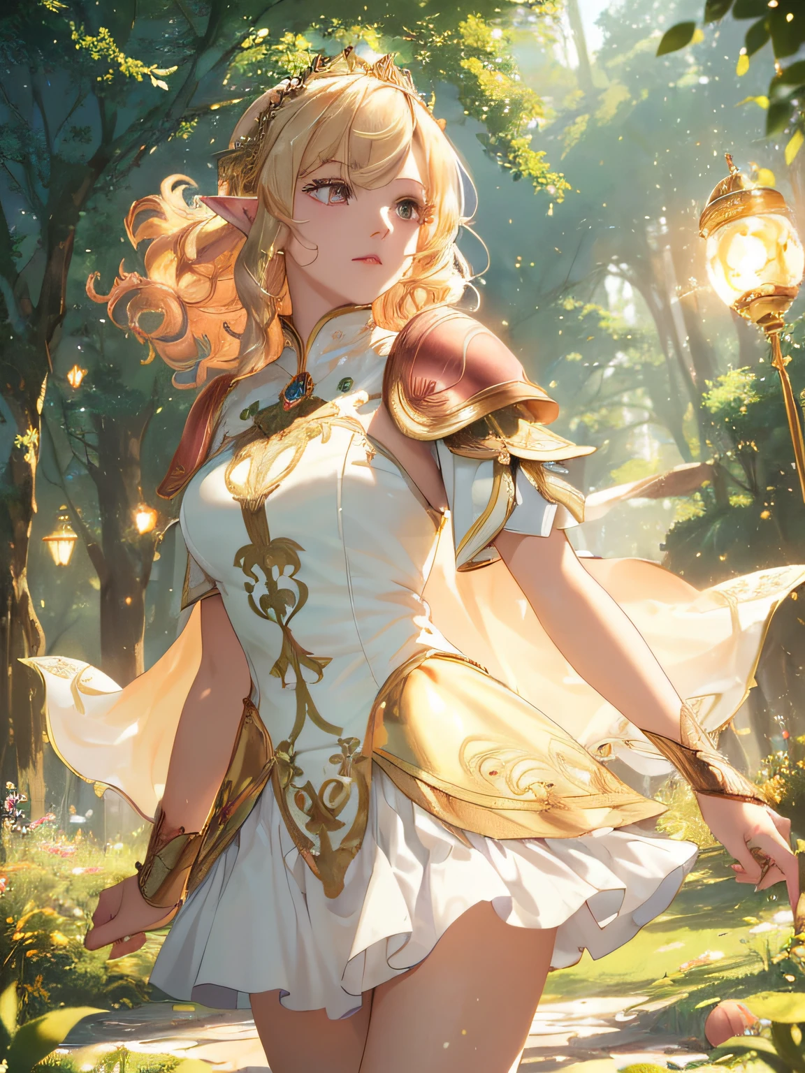 (((Masterpiece, Best quality, High definition, High detail)))), ((((fantasy)))), One, (elf woman)))), (Short white dress,gold embroidery), (golden curly hair), (Shiny peach-pink eyes), (Peach cloak armor,gold embroidery), (Green flag with gold embroidery), , (strong winds), A large number of luminous particles fly, march, forest