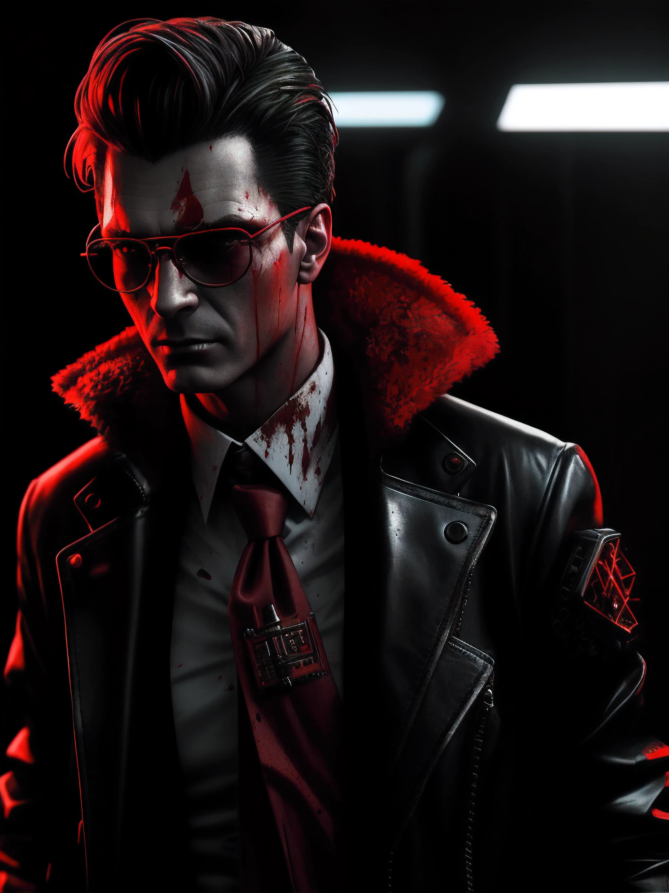There's a man with a shirt splattered with blood and glasses, Estilo Felix Englund, inspirado em Egon von Vietinghoff, inspirado em John Carpenter, photo manipulation, Inspirado em Doc Hammer, Estilo cyberpunk , hiper-realista, no Estilo cyberpunk, epic portrait of menacing, Foto retrato, photo - manipulation, red and cinematic lighting, Cara cyberpunk, Patrick Bateman)
