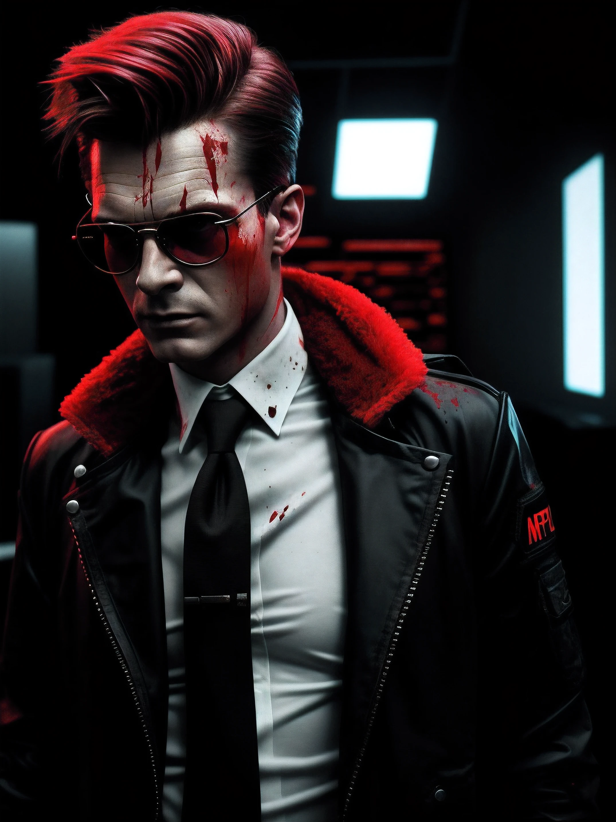 There's a man with a shirt splattered with blood and glasses, Estilo Felix Englund, inspirado em Egon von Vietinghoff, inspirado em John Carpenter, photo manipulation, Inspirado em Doc Hammer, Estilo cyberpunk , hiper-realista, no Estilo cyberpunk, epic portrait of menacing, Foto retrato, photo - manipulation, red and cinematic lighting, Cara cyberpunk, Patrick Bateman)