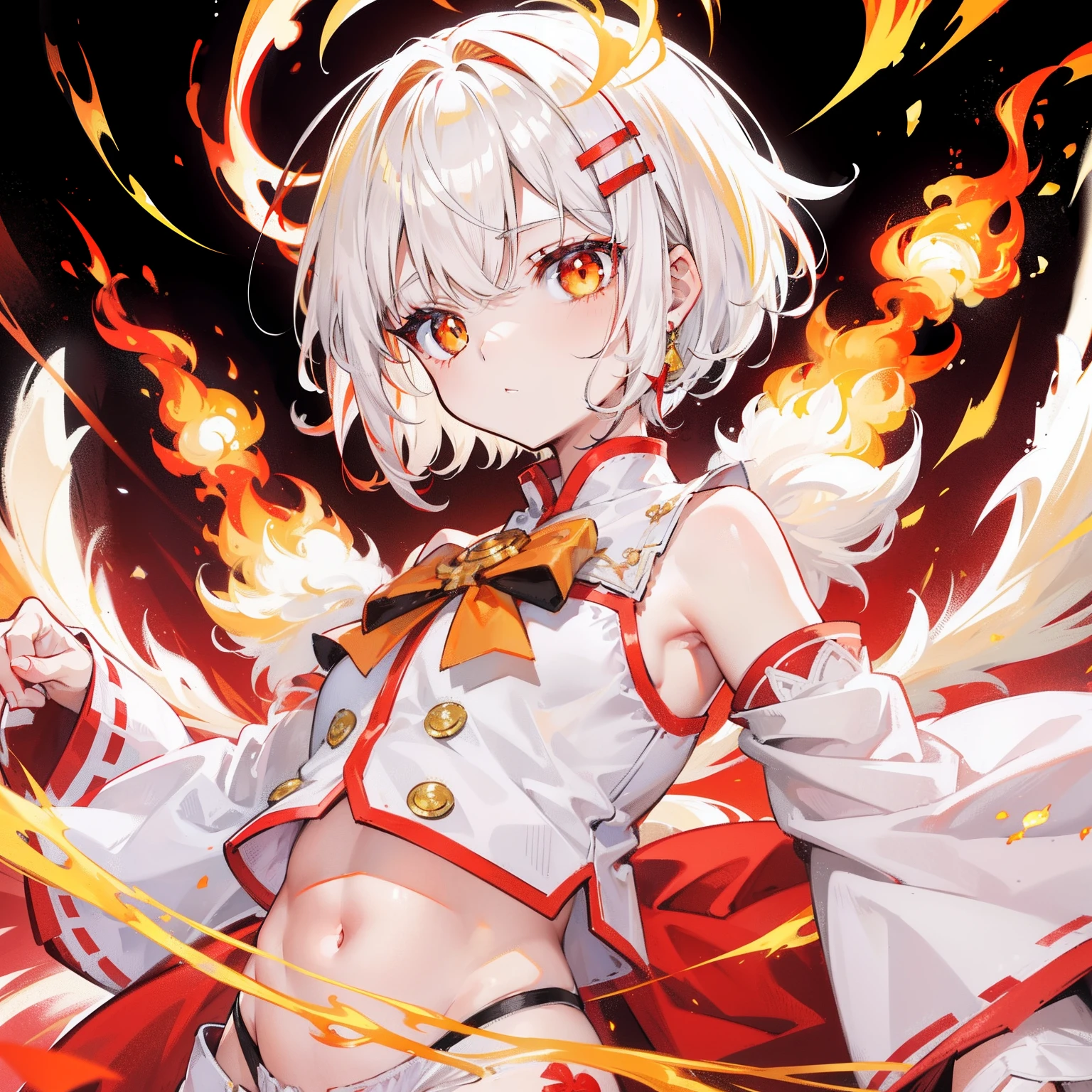 Short white hair with a slight reddish tinge，The head is decorated with a yellow bow，Crimson pupils，Red, Orange and yellow clothes，It's a cute loli，White flame burning background，She will use white flames