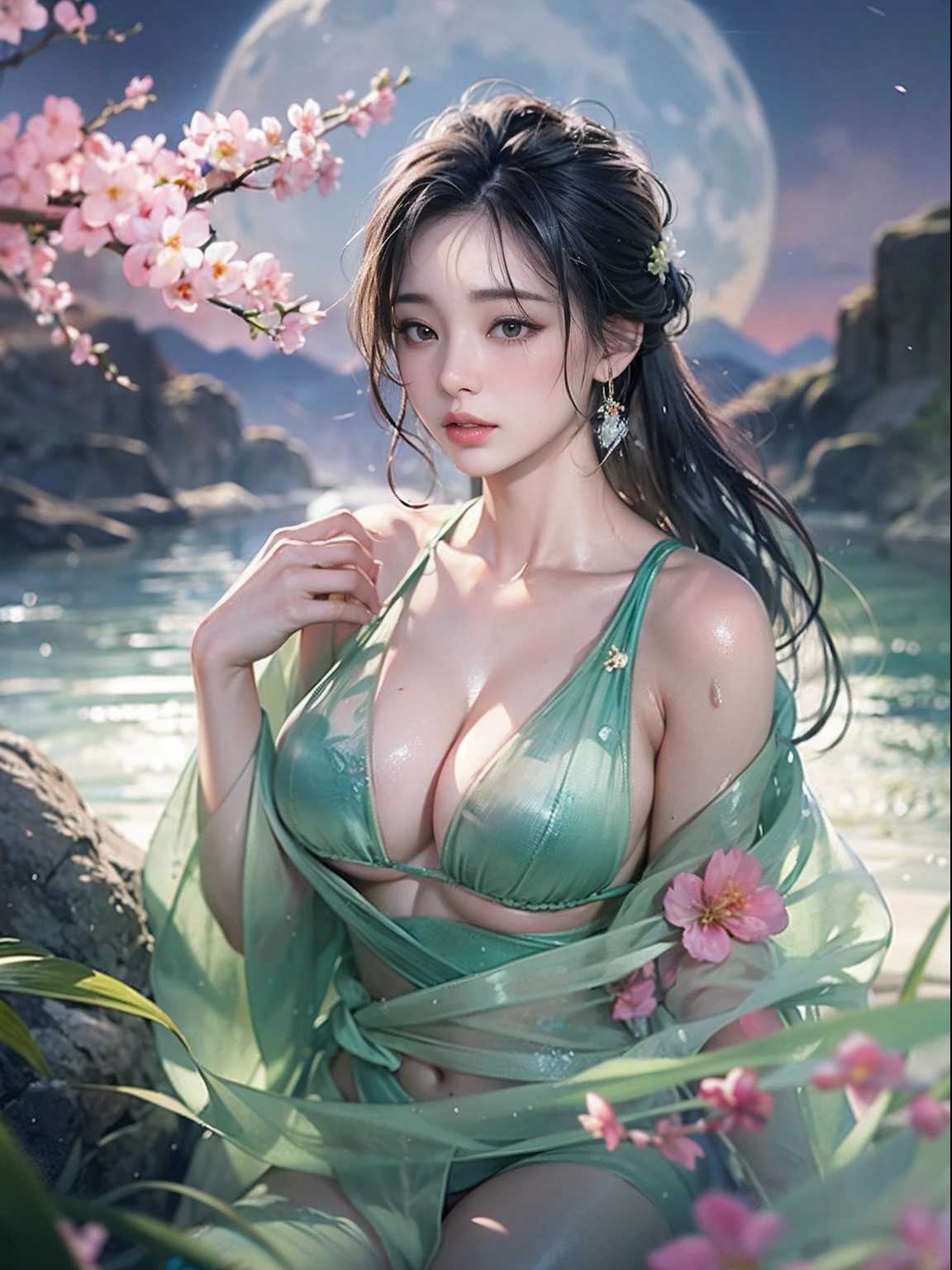 loose outfit、Show shoulders、Navel Ejection、How to wear a gown with a dark see-through halter neck broken、Decorated with intricate patterns and pastel colors、Transparent material that makes the skin shine、Artistic depiction of seductive woman in gown with wet thin cloth and transparent skin, Floral and fantastic pattern with flowing silky traditional see-through skin。Her dress draped elegantly around her curvaceous figure、Emphasizes her charming silhouette。She's a gentle fireworks night、Dynamic Posing、Sexy Posing、bathed in the soft glow of moonlight。The scene is、With a hint of mystery and sensuality、It exudes an ethereal dreamy atmosphere。The image style is、It incorporates a blend of watercolor and digital illustration techniques.、It makes you feel delicate beauty and charm。Soft moonlit lighting、Cast gentle highlights and shadows on her mesmerizing features。Dynamic Posing、Bold poses、The hand is somewhere、see -through、show through、A sexy、Wet hair、Wet、cherry trees、flower petals、cherryblossom、The cherry tree、Sakura blizzard、buried、Transparent skin、Wet clothes、Chest Pulling、Translucent clothes、Eau、nudde、garterbelts、fishnet tights、huge moon、Upper body photography、masutepiece