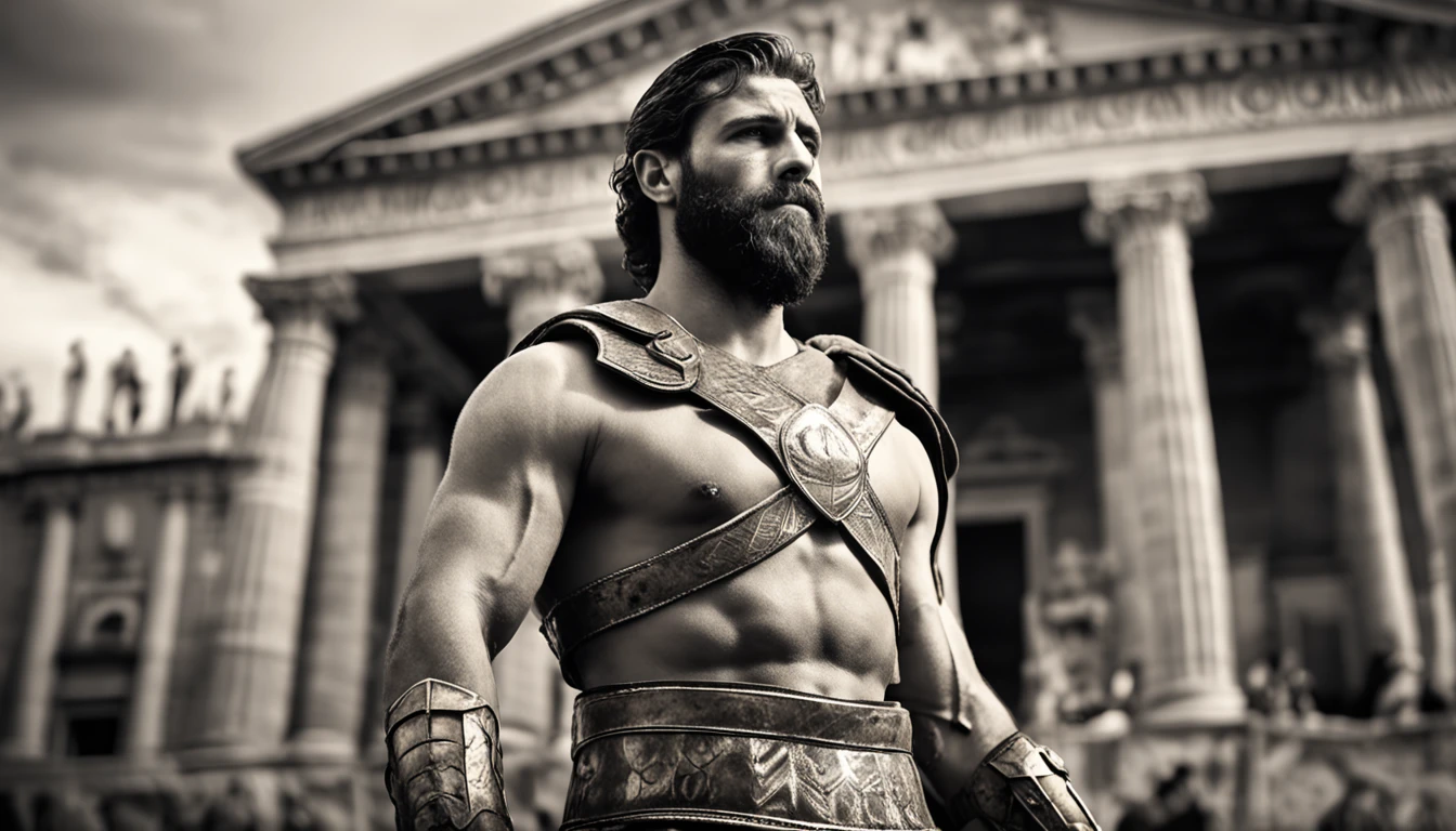 Blurry black and white epic digital painting of a powerful Stoic Roman warrior in the foreground looking determined forward in heroic pose. Ele tem longos cabelos castanhos cacheados, thick beard and wears muscular chest armor on display. In the background we see a Lepidus view of ancient Rome with classical buildings, aquedutos e o Coliseu. The sepia tone brings an air of nostalgia and drama to the scene. O leve desfoque adiciona profundidade e foca no guerreiro estoico determinado e imponente em primeiro plano."