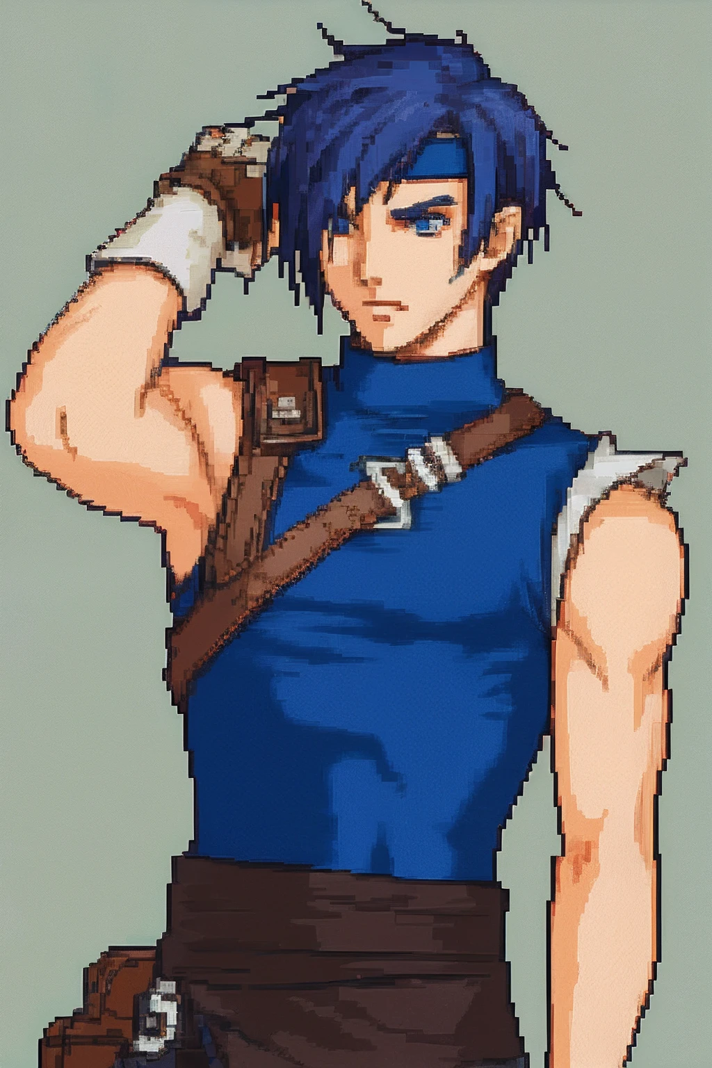 quarterbody, no frames, destatured sprite, vanilla fire emblem, a teenage Assassin. He possesses a boyish appearance with dark blue hair that falls down to his shoulders and soft, sad large round blue eyes eyes. His aesthetic leans towards the "pretty boy" archetype. He's often seen wearing a sleeveless crop top over his somewhat girlish slim cat like body, a red headband, and long shoulder length black gloves adding a touch of distinctiveness to his overall look.