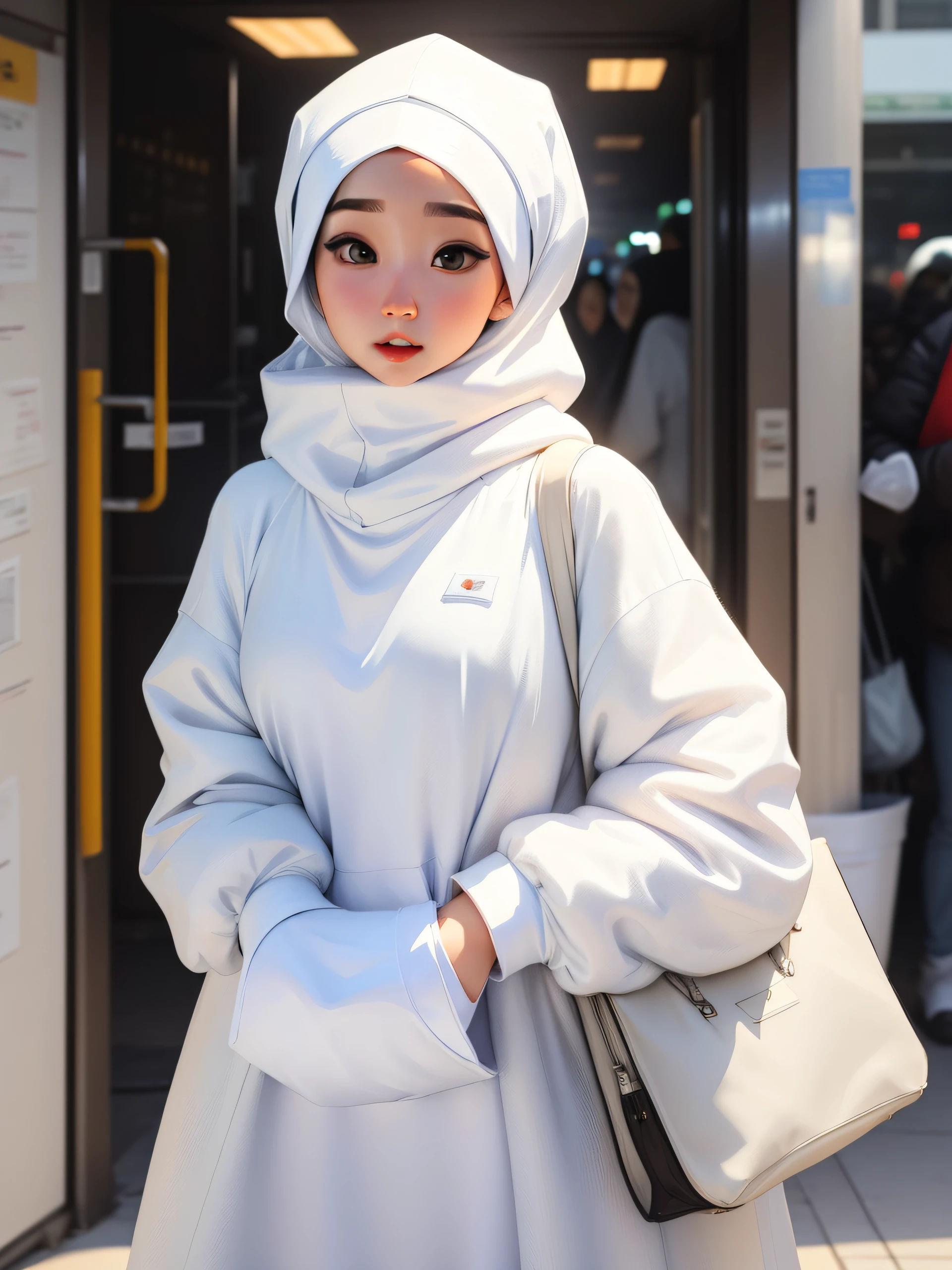 there is a woman wearing a white hijab and a white sweater, dilraba dilmurat, white hijab, ulzzang, hijab, milky white skin, with cute - fine - face, ruan cute vtuber, inspired by Kim Jeong-hui, clear cute face, she has a cute face, 8k selfie photograph, wearing white silk hood