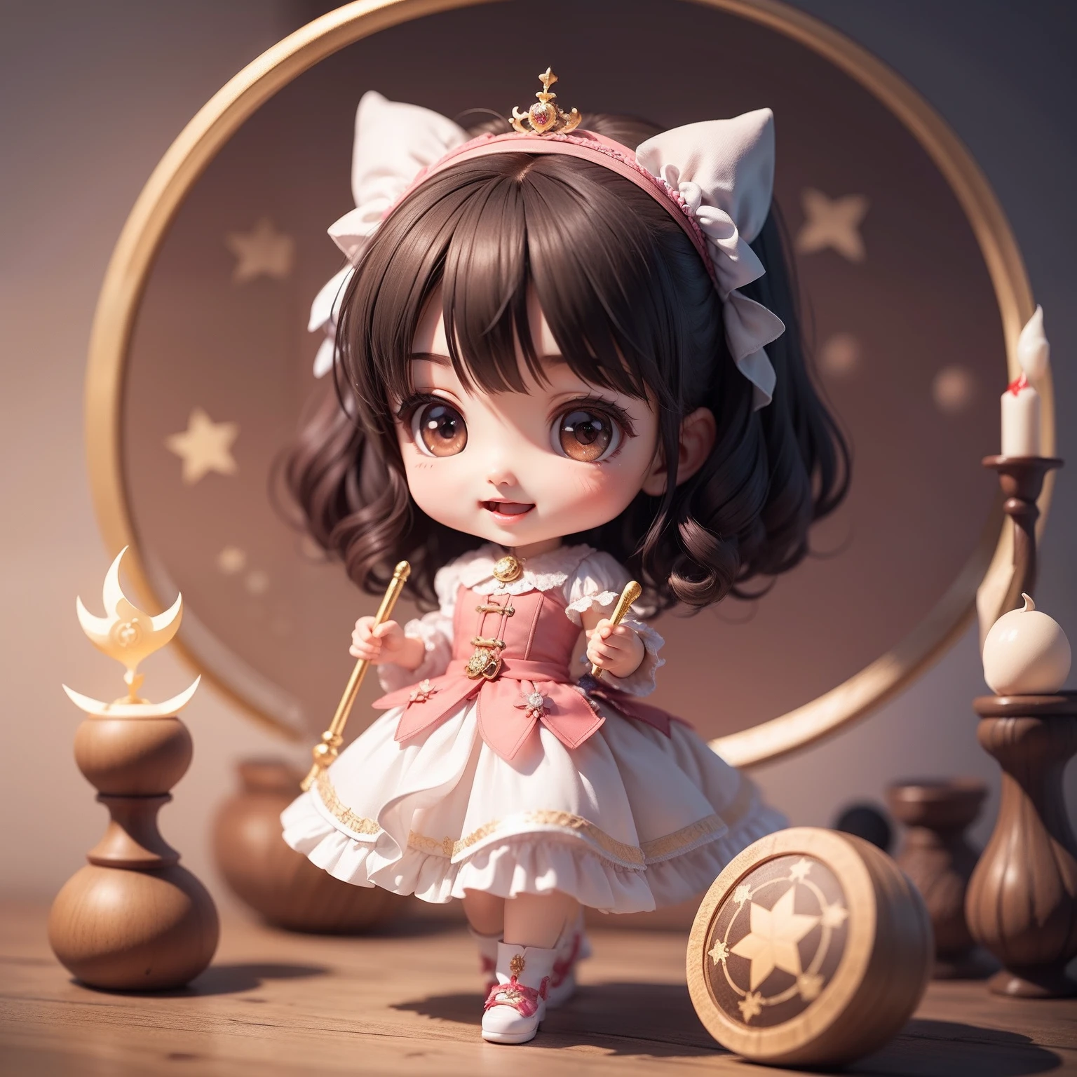 Super masterpiece, top-quality, Ultra-detailed, girl1、（（（Chibi）））、A dark-haired、magical little girl、magic circles、Magic cane、Open your mouth and smile、Looking at the camera、Fulll body Shot、Fairytale Magical Land