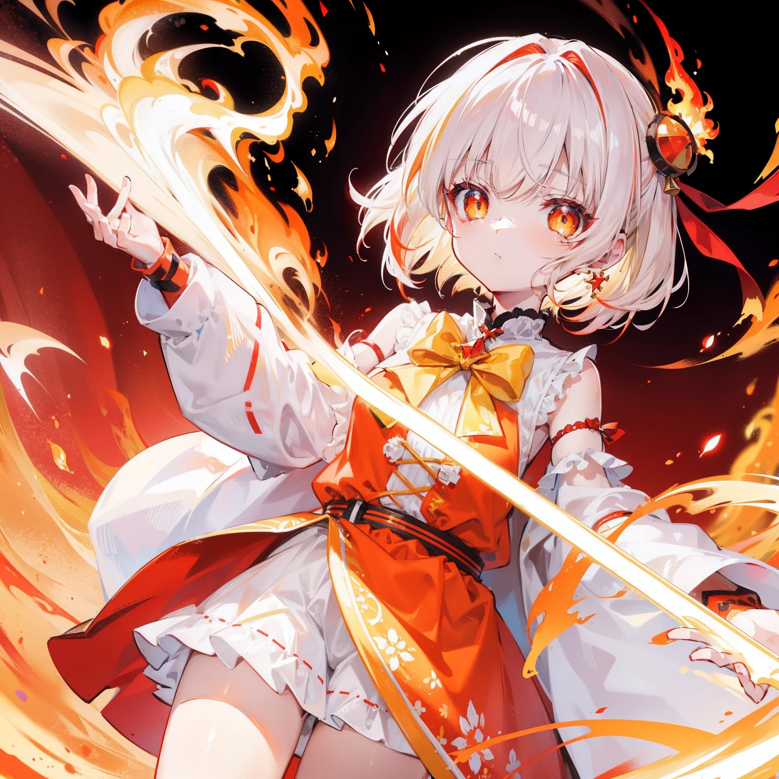 with short white hair，Slightly reddish tinge，The head is decorated with a yellow bow，Crimson pupils，Red, Orange and yellow clothes，It's a cute loli，White flame burning background，She will use white flames