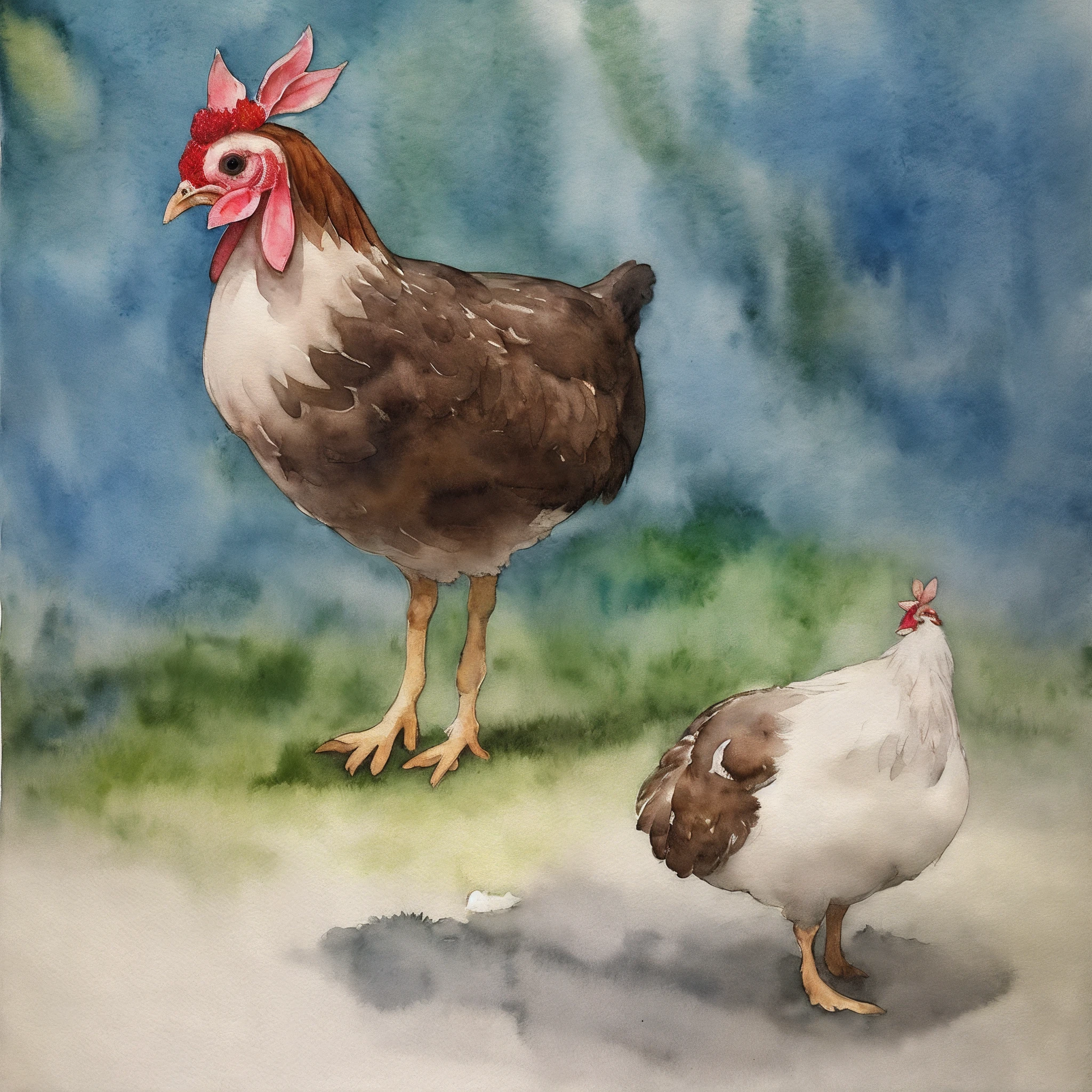 A hen,standing on your feet,Side Body,، simple,photorealestic,the watercolor style