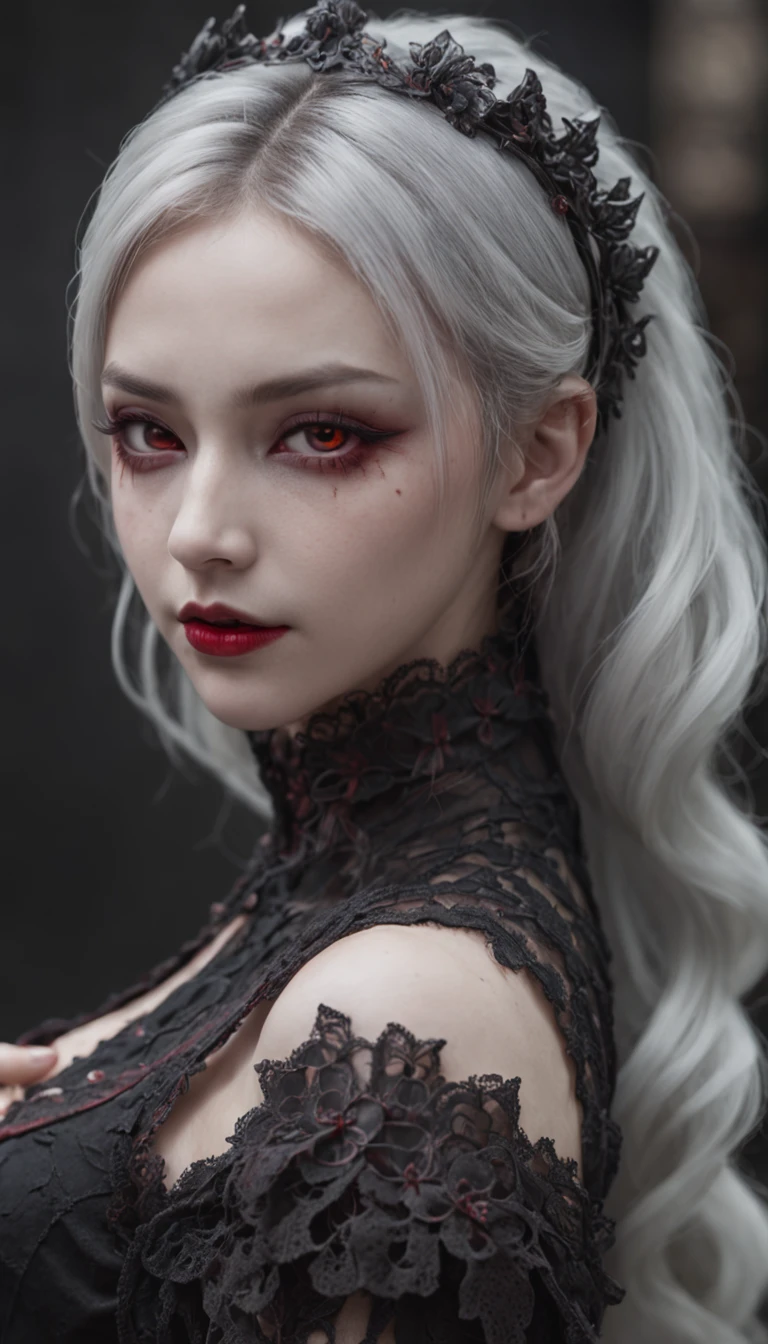Masterpiece, Best quality, 1 girl, Solo,(Natural skin texture, Realistic black eyes and facial details :5),(Dark :1.4), Deep shadows, Extremely detailed beauty, Detailed eyes and face, Sharp purple eyes, Red lipstick, No black eyeliner, Detailed gothic costumes, pony tails, White hair like snow, nikon d850 film, Surreal, Realistic textures, Dramatic, lighting, illusory engine, (Face definition :1.5), (Transparent dress :1.1) Gothic style, Black lace, (tattoo: 1.6)